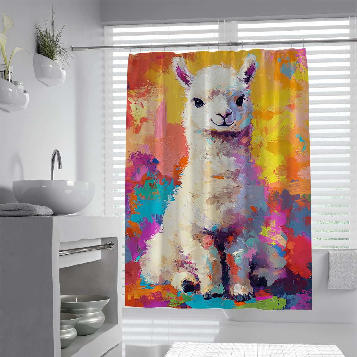 UIRINGART Llama Shower Curtains W180xL220cm Vibrant Colorful Cute Alpaca Multi Colour Background Waterproof Mould Resistant Washable Fabric Bath Curtain for Kids Bathroom with Hooks