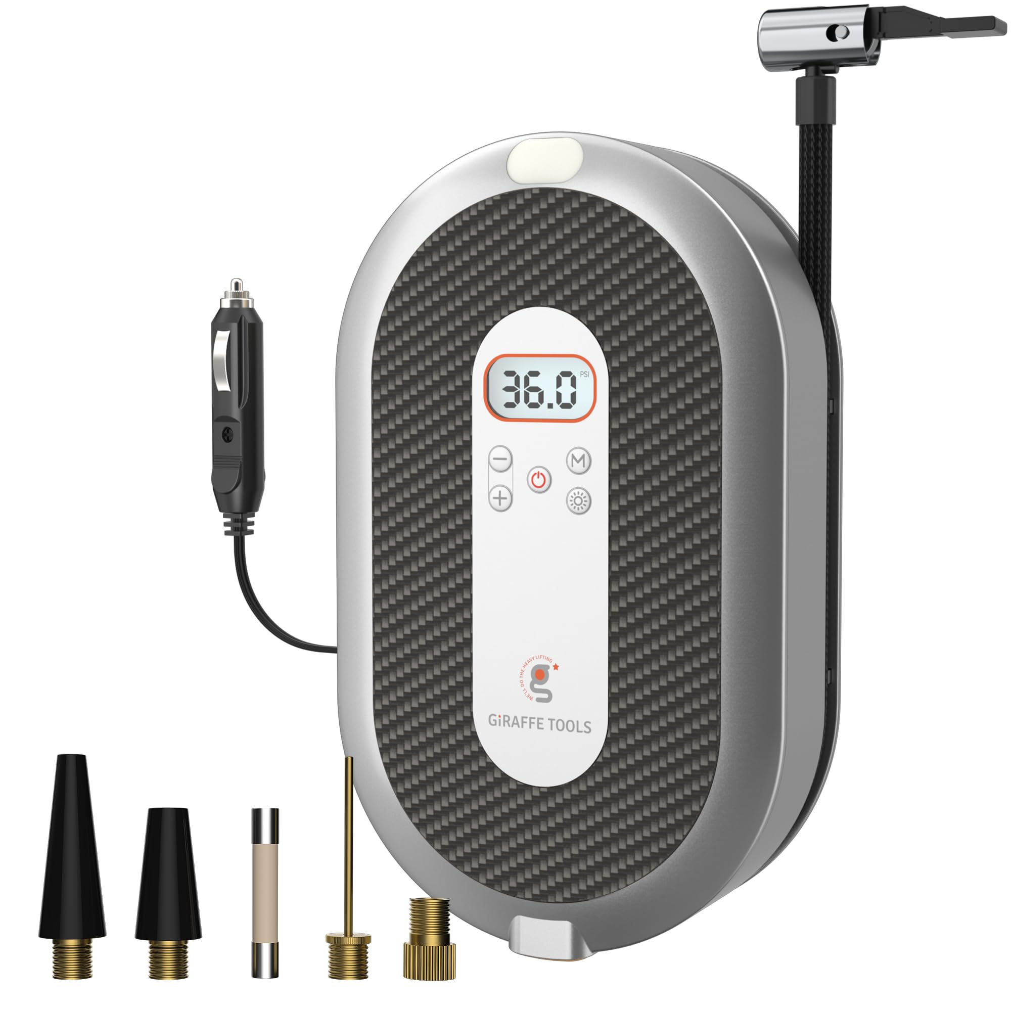 Giraffe ToolsCar Tyre Inflator 12V DC with Retractable Cable, 150PSI Portable Air Compressor Car Accessories with Pressure Gauge and Adapters for Cars, Motorcycles, Bikes and Balls