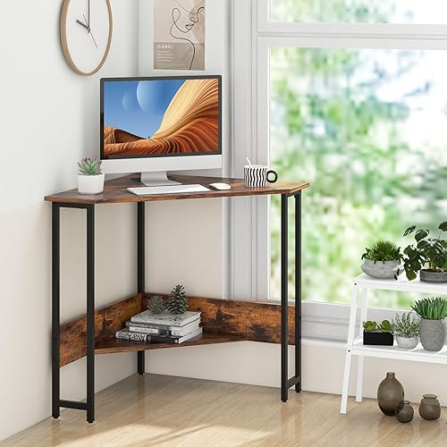 Miniatura 2 de Escritorio esquinero industrial, escritorio de computadora con toma de corriente, estantes de almacenamiento y marco de metal, escritorio de madera