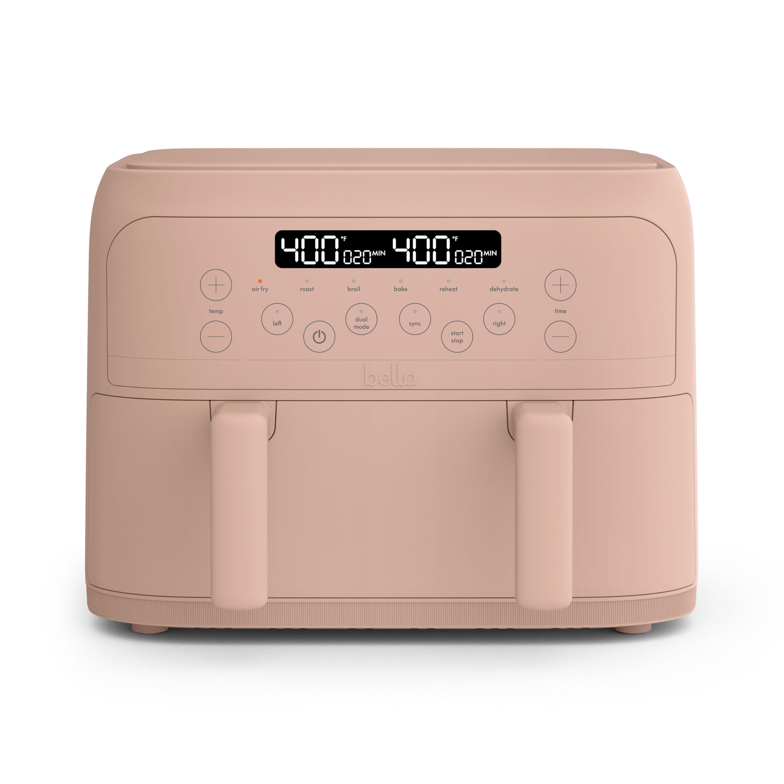 bella 4 Qt TriZone Air Fryer, EverGood™ Ceramic Nonstick Coating, Dual Basket Design w Removable Divider, Digital Touchscreen Control w 6 Preset Cooking Options, 1200 Watt, 3lb Capacity, Blossom