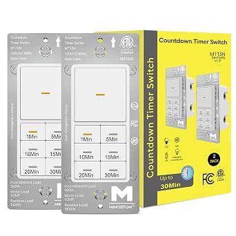 Countdown Timer Switch, 30 Min Wall Bath Fan Timer Switch for Bathroom Exhaust Fan and Light, 1-5-10-15-20-30 Minute, Neutral Wire Required, 120V, ETL & FCC Listed, 2 Pack, White MT13N