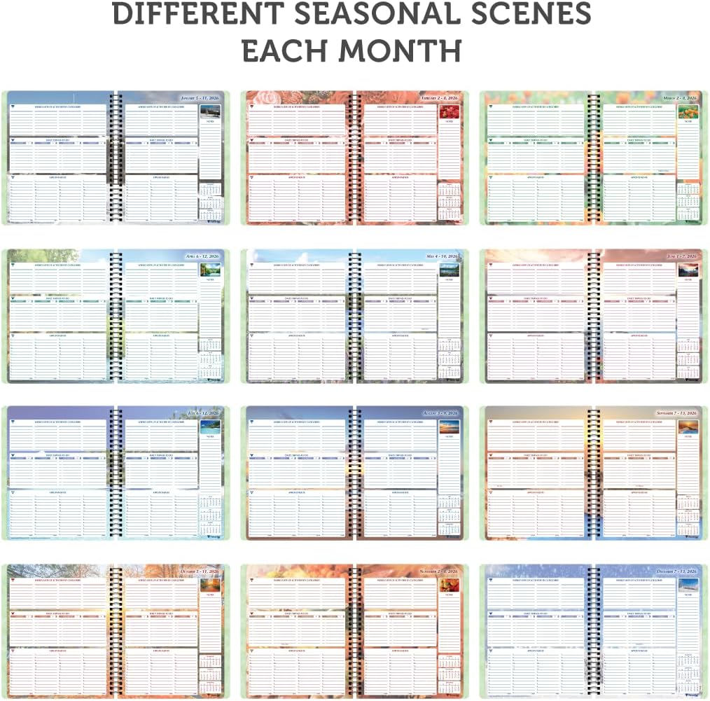 Planner Pad Spiral Bound January-December 2026/ Calendar Year 6 3/4" x 8 1/2" Medium 3-Tier Funnel Down 12 Month Organizer, Seasonal Color Ink