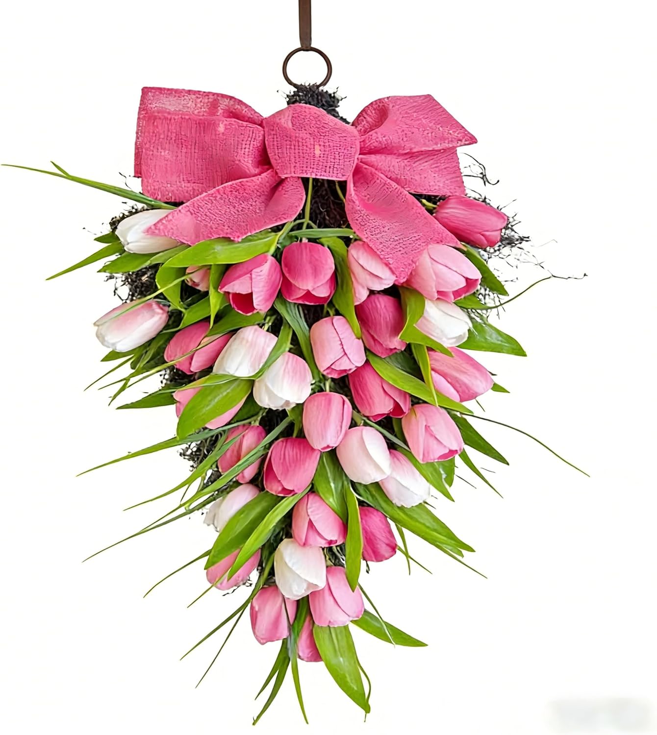 Spring Tulip Teardrop Wreath with Pink Bow - Pink & White Artificial Tulip Swag for Front Door, Easter & Mother's Day Decor, Farmhouse Porch & Wall Hanging