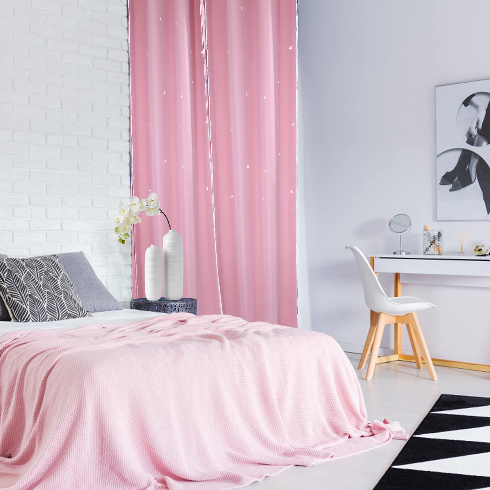 VORCOOL Rideau Occultant de Motif Étoiles Creuses avec Double Gaze pour Salon Chambre (Rose)