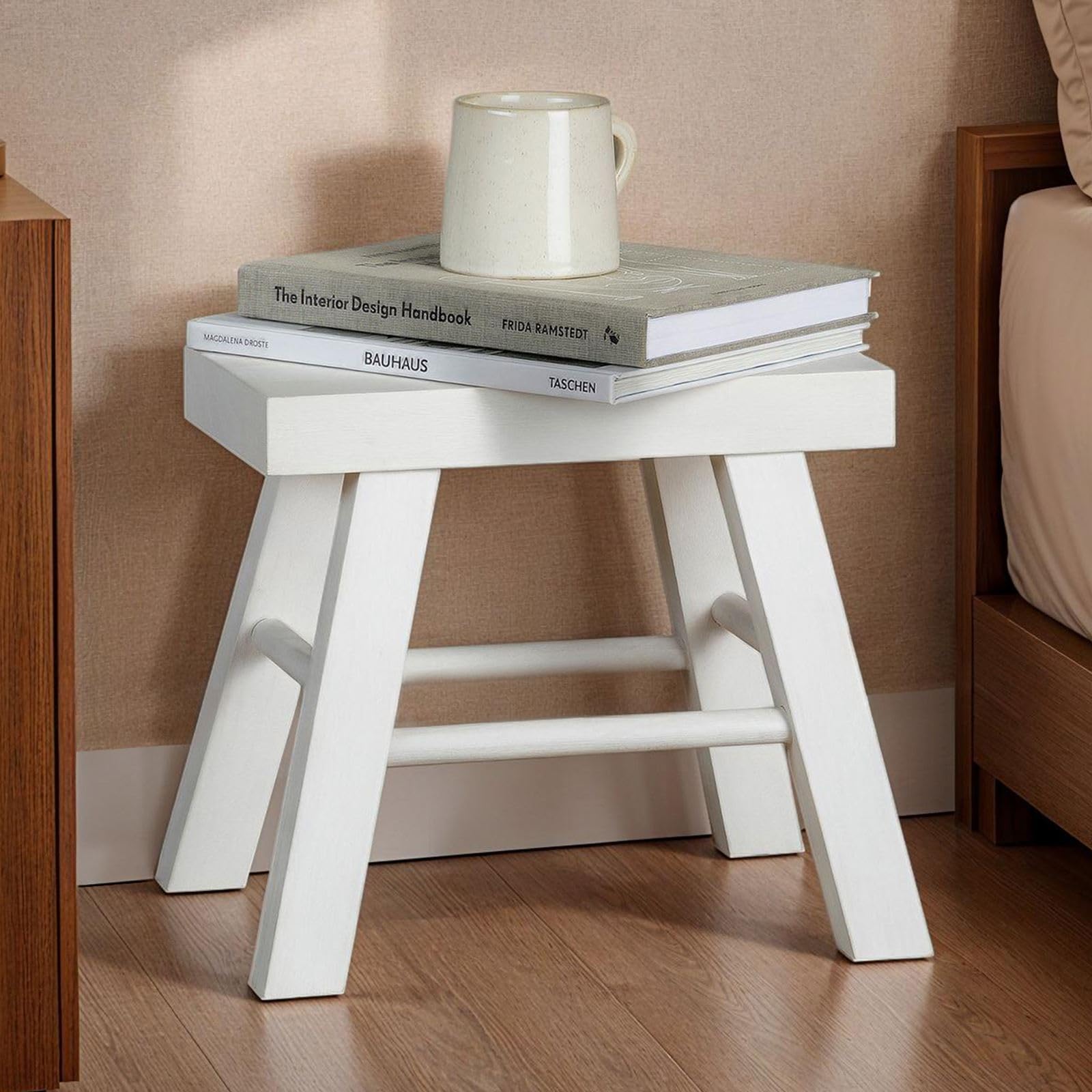 CARO-Möbel Taburete Rosal blanco - Taburete de madera rectangular con 4 patas y travesaños, decorativo para plantas o reposapiés