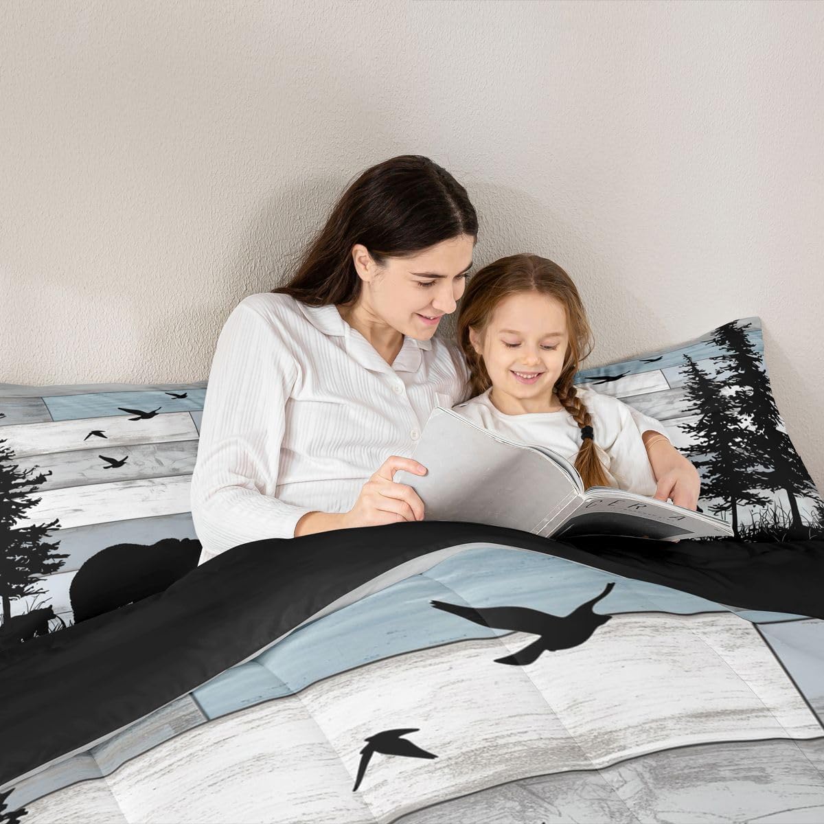 jejeloiu Bear Kids Comforter Set Queen Size Rustic Cabin Country Bedding Set Farmhouse Duvet Quilt for Kids Boys Girls Bedroom Wild Animal Decor Microfiber Ultra Soft Breathable