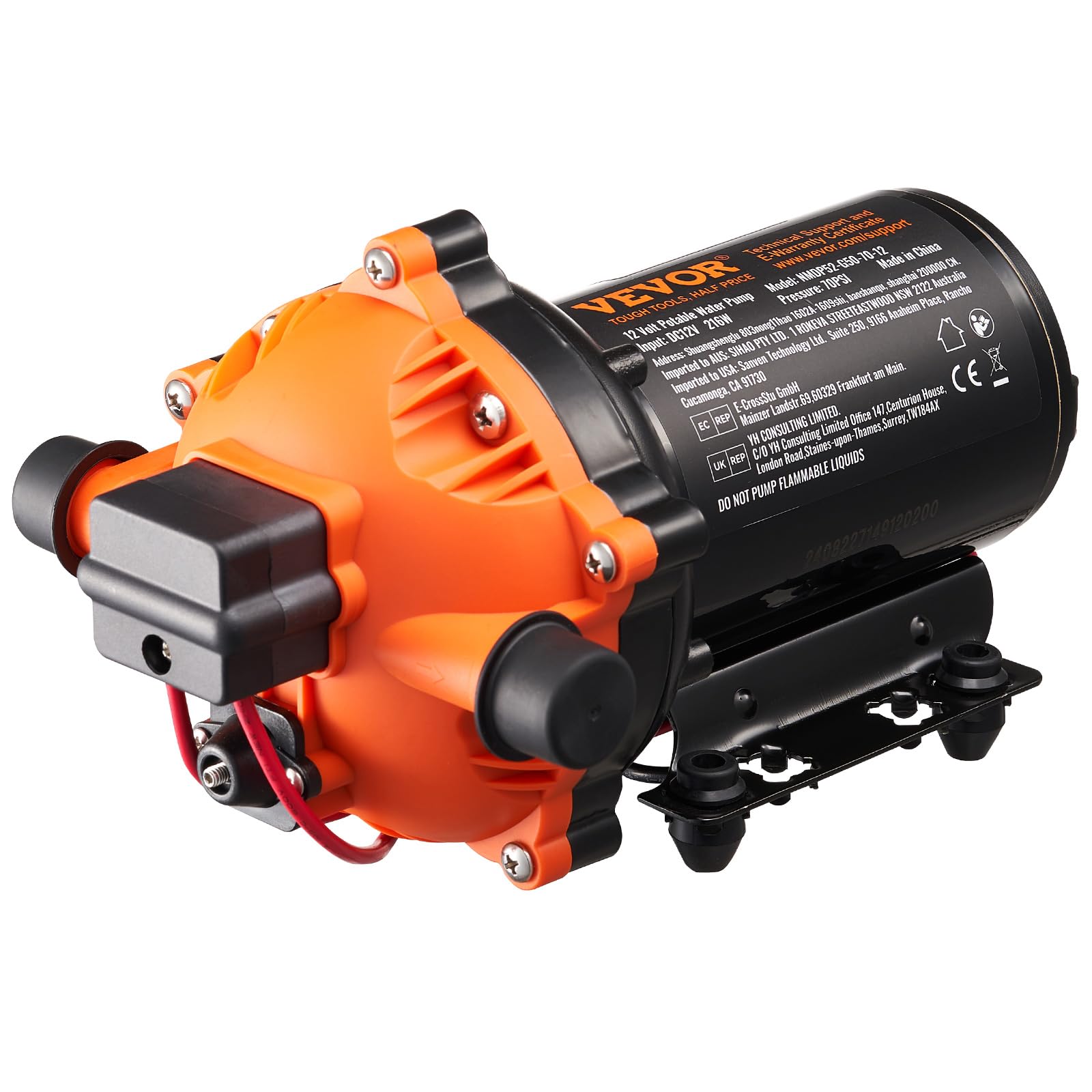 VEVOR Pompa a Membrana 12V, 5 GPM 18,93 L/min, Pompa per Acqua a 5 Camere 12 Volt CC con Pressostato Automatico 40-100 PSI Regolabile, 70 PSI, Porta MNPT per Camper Yacht Food Truck Camper Nautica