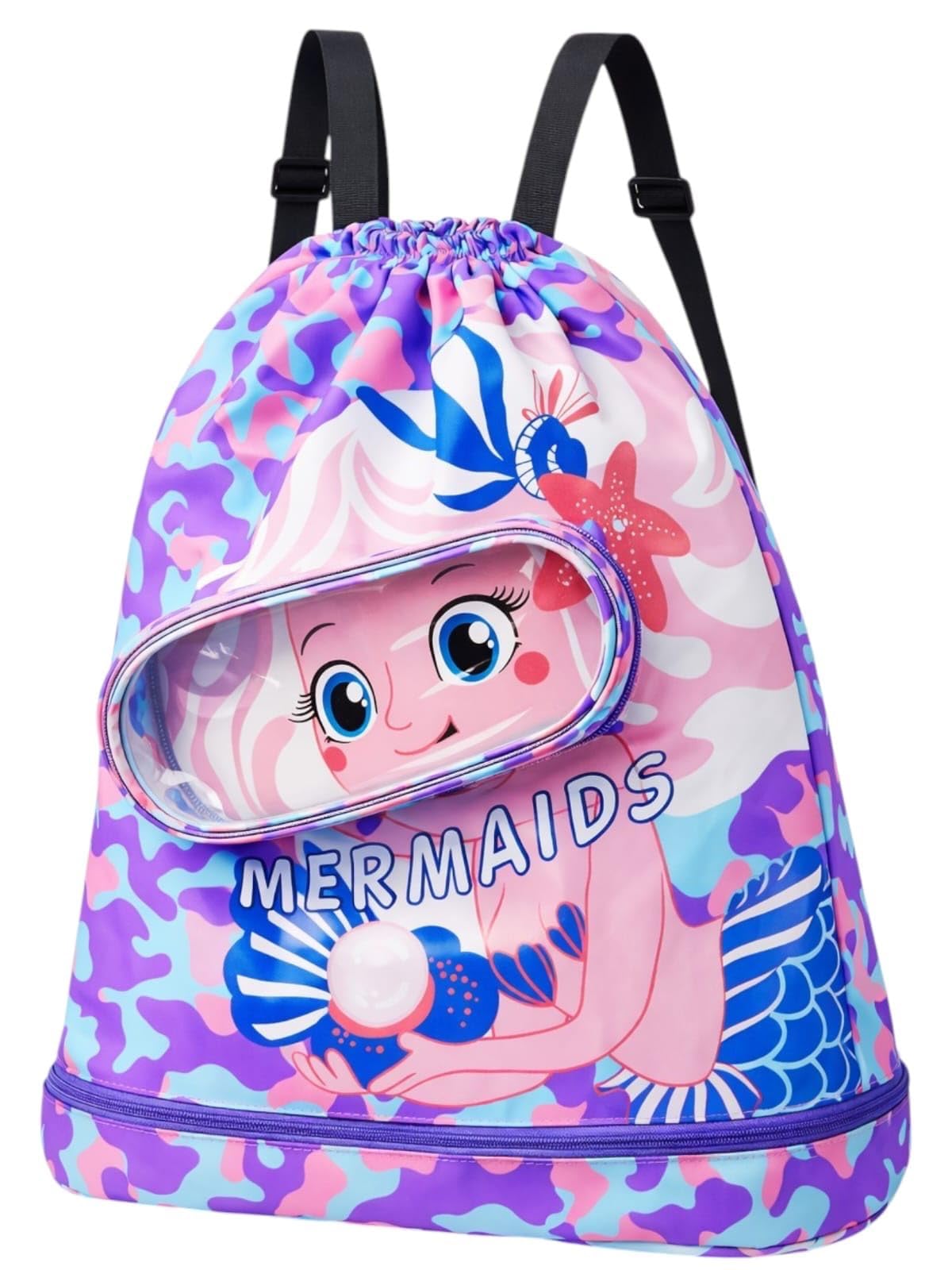 Mermaid Swim Bag for Kids Girls, Lightweight Drawstring Pool Backpack,|-10L Capacity,| - 3 Storage Compartments,| Adjustable Shoulder Straps | Pack of 1 piece Swim Bag | (multiclolur)-image-6