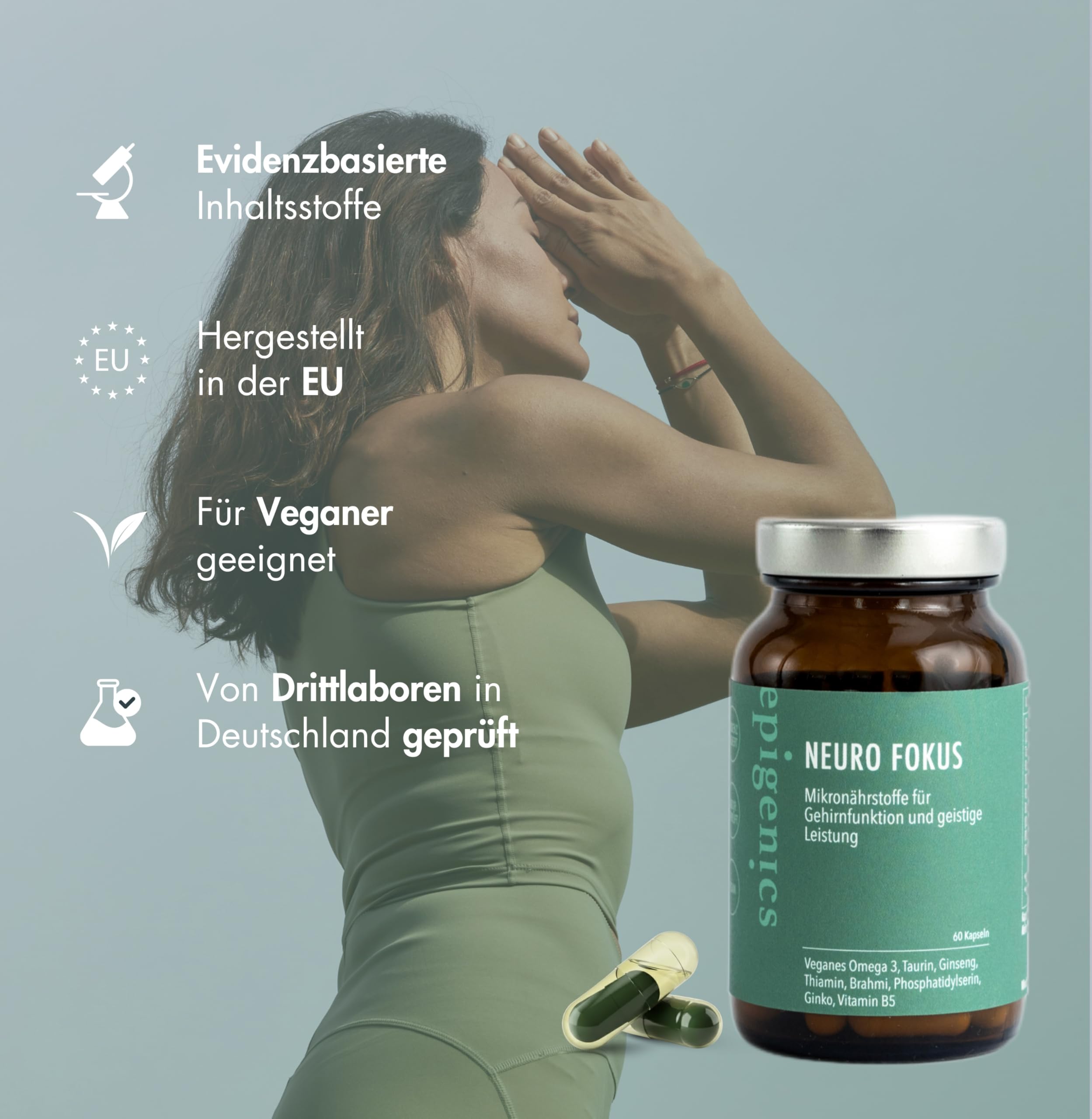Epigenics Neuro Fokus Kapseln mit Ginkgo, Brahmi, Phosphatidylserin, Ginseng & Omega-3 (DHA/EPA) plus Vitamin B1 & B5 – Nahrungsergänzung für Konzentration & mentale Leistung – vegan (30 Tage)
