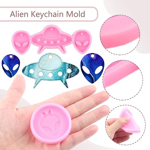 Miniatura 3 de Molde de resina para aretes, cabezas alienígenas y naves espaciales alienígenas, moldes de resina de silicona para llavero de bricolaje moldes de