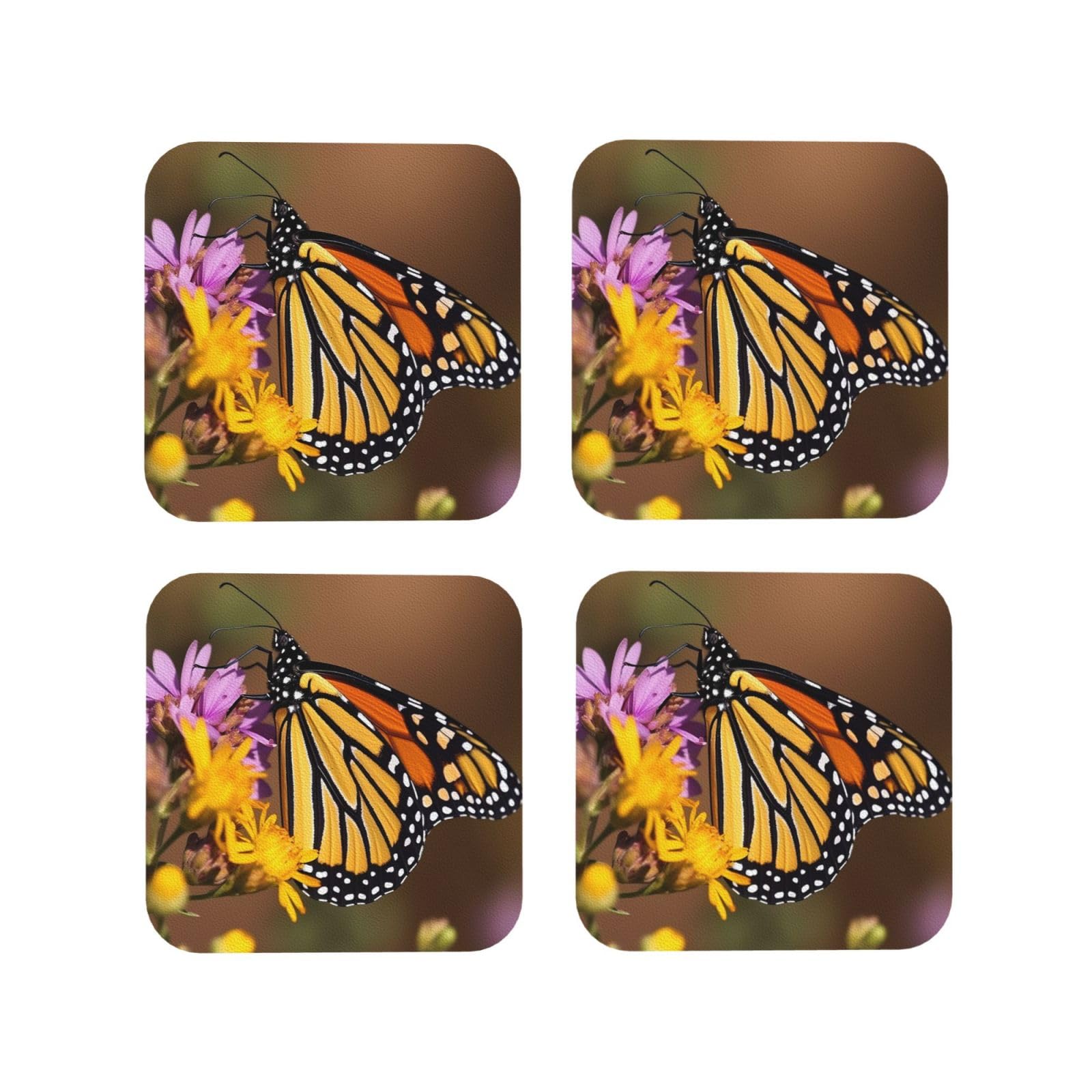 4Pcs PU Leather Coaster for Drinks, Monarch Butterfly Cup Coastersr 4" Cup Mat Pad, Aesthetic Drink Coasters for Coffee Table, Square Coaster for Tabletop Protection