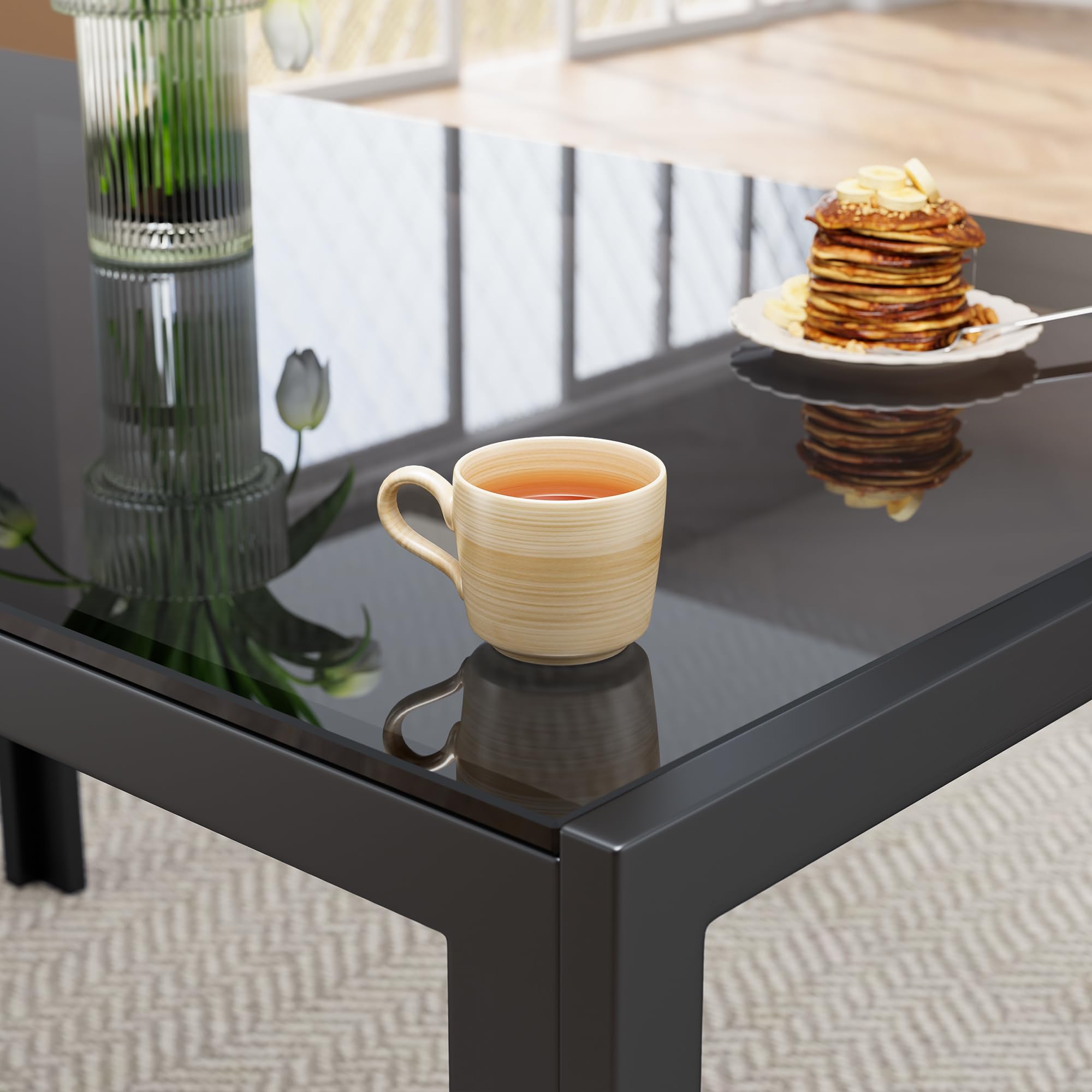 Bealife Table à Manger avec 4 Chaises, Table Rectangulaire en Verre Trempé et Chaises en Similicuir Noir