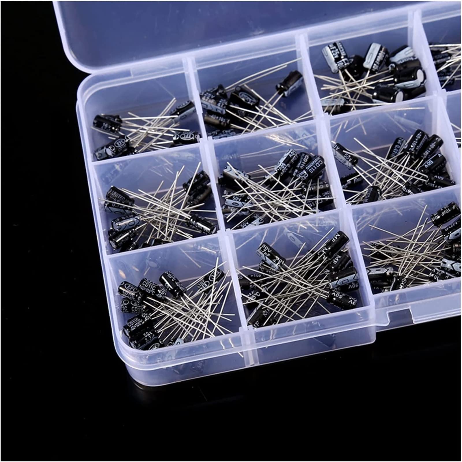 Kit de condensadores 200 unids/lote conjunto de condensadores radiales 15 valores 0,1 uF-220uF Kit surtido de condensadores electrolíticos 10 V/16 V/25 V/50 V condensadores de paquete AMNzOgOdL