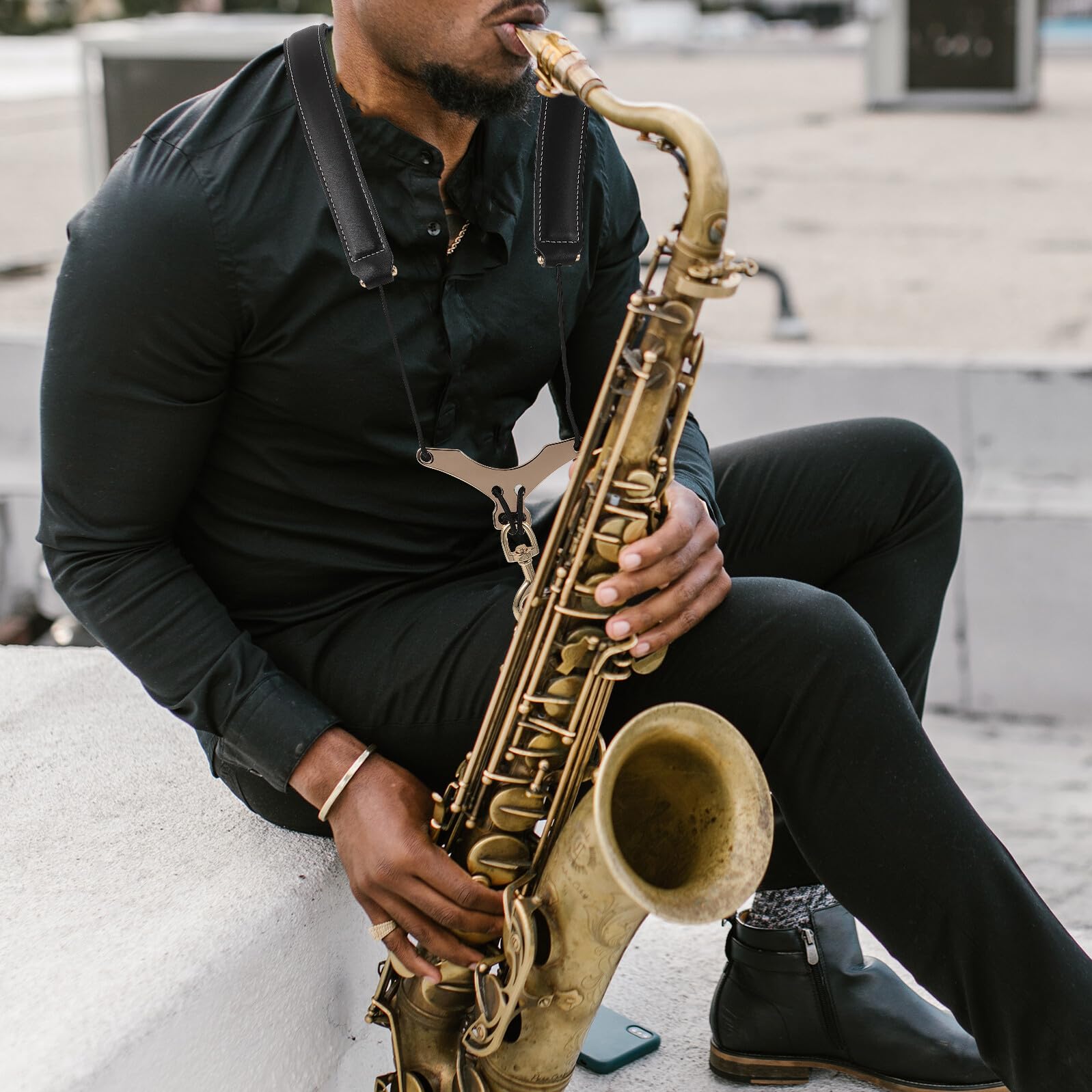 Bandoulière de Saxophone Noire, Harnais à 2 Épaules en Cuir de Vache et Corde D’escalade en Métal, Confortable pour Débutants
