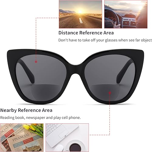 Miniatura 4 de JM Lentes de lectura bifocales clásicos de gran tamaño, estilo ojo de gato, lentes de sol para mujer, color negro +3.5