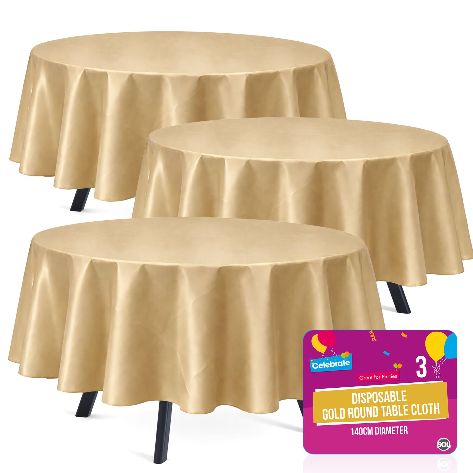 SOL 3pk Round Gold Table Cloths 140cm Party Disposable Tablecloths for Parties Circular Table Cloth Cover - Durable Spill Protection - Perfect for Birthdays, Weddings, Anniversaries, Special Events