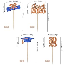 36 PCS Glitter 2025 Graduation Theme Cupcake Toppers Diploma Class of 2025 Graduation Cap Cupcake Picks for Class of 2025 Graduate Theme Party Cake Decorations Supplies Blue Orange