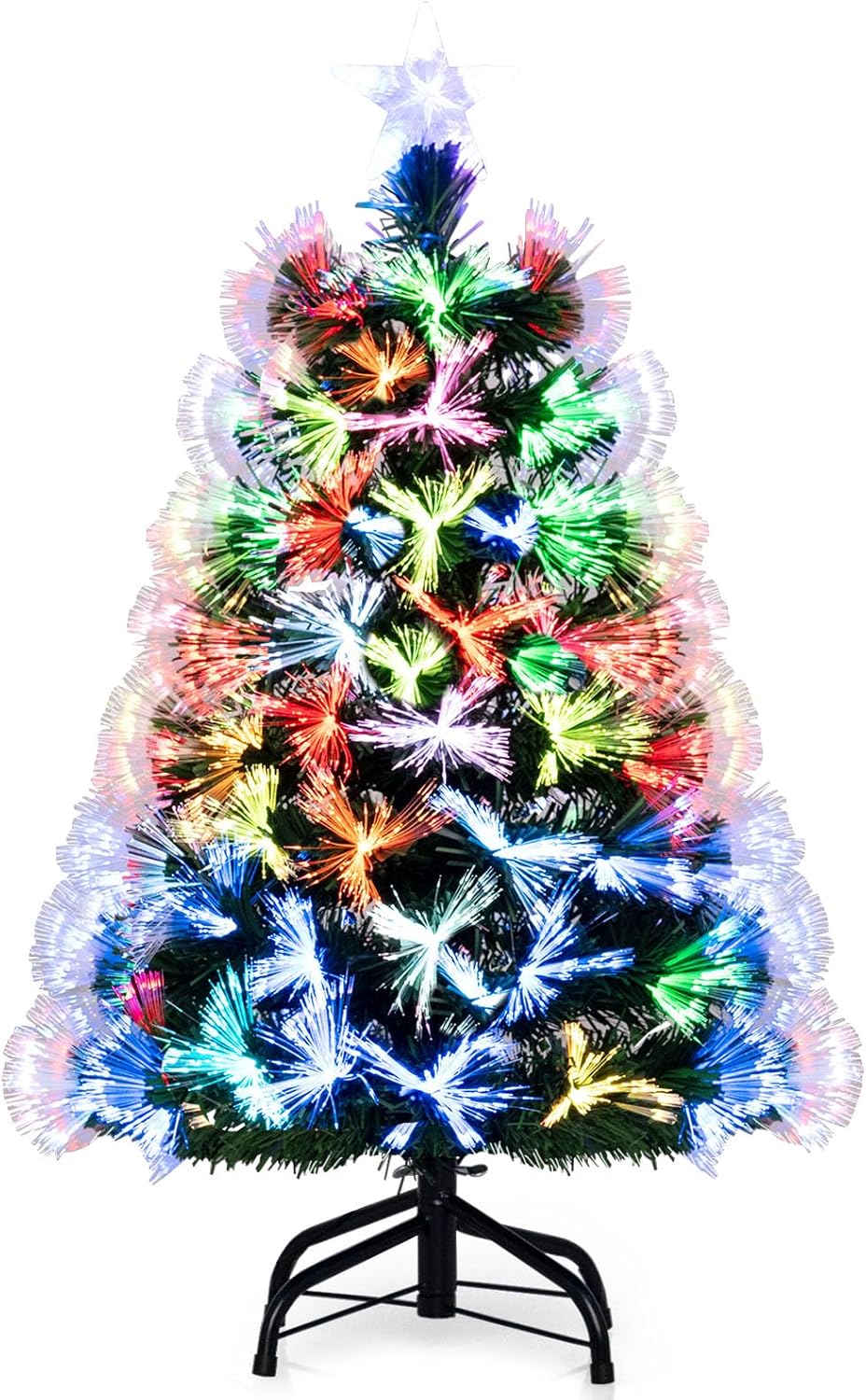 Goplus 3 FT Pre-Lit Fiber Optic Christmas Tree, Artificial Xmas Tree with Slow-Flashing Multicolored Optical Fibers, 96 PVC Branch Tips, Top Star, Foldable Metal Stand, Mini Home Office Decoration