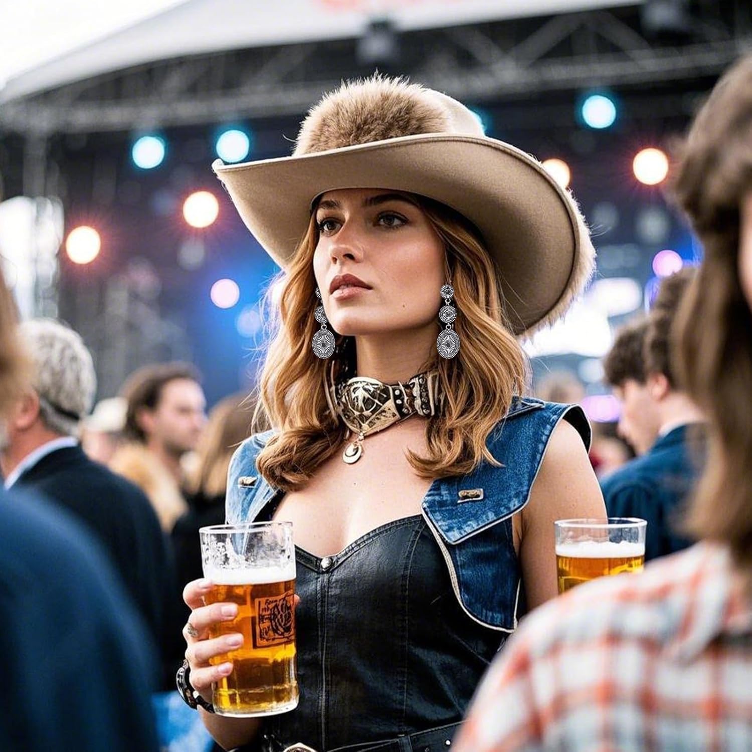 Western Earrings Outfit for Women Oval Silver Earrings Dangle Turquoise Western Jewelry Country Concert Outfits for Women Dress Cowboy Chic Rodeo Outfit Shirts Dress Accessories - Image 3