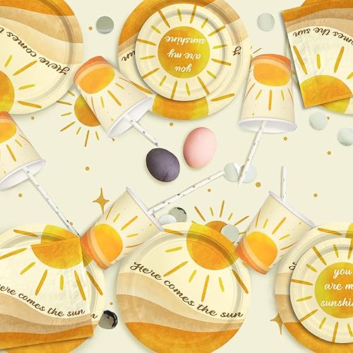 Miniatura 5 de Juego de suministros para fiesta de cumpleaños con temática de sol bohemio decoraciones completas para baby shower con platos de papel desechables,