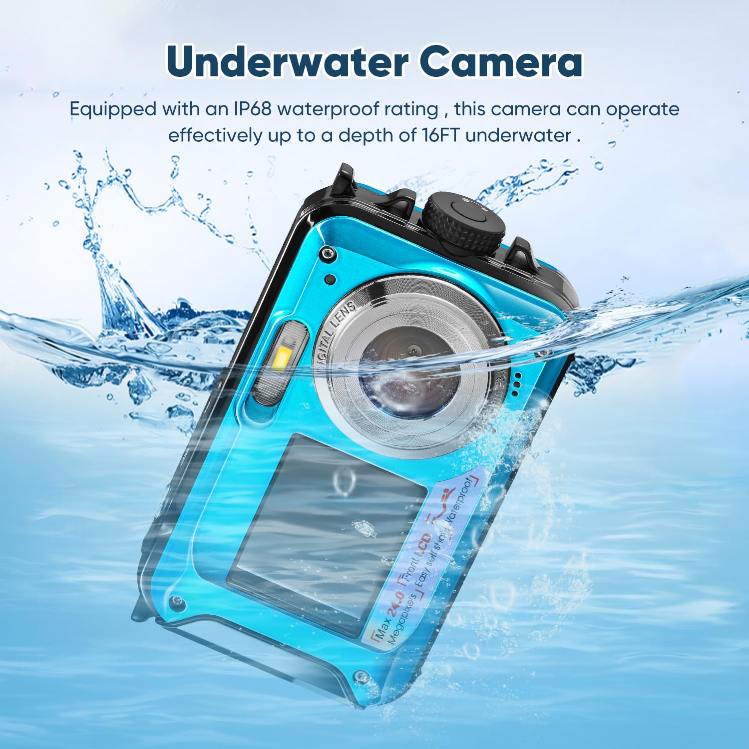 Cámara Acuatica Cámara Digital a Prueba de Agua,Full HD 2.7K 48MP Sumergible Zoom Digital 16X Acuatica Niños Duales antivibración para bucear con esnórque