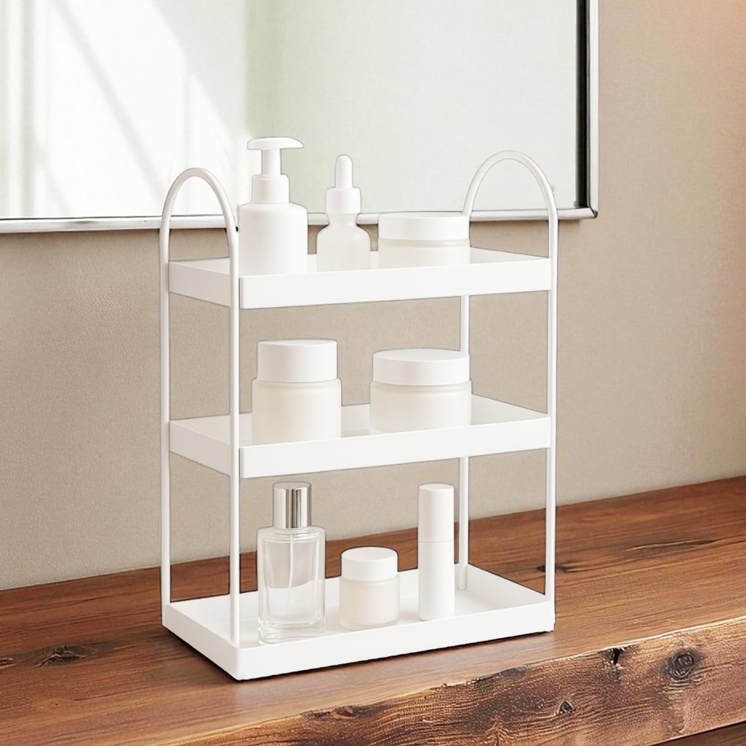 Go Hooked 3 Tier Curved Metal Vanity Organizer – 45cm Tall Countertop Storage Rack for Bathroom, Dressing Table & Desk | Powder Coated Rust-Resist Iron | Freestanding Space-Saving Shelf (White)