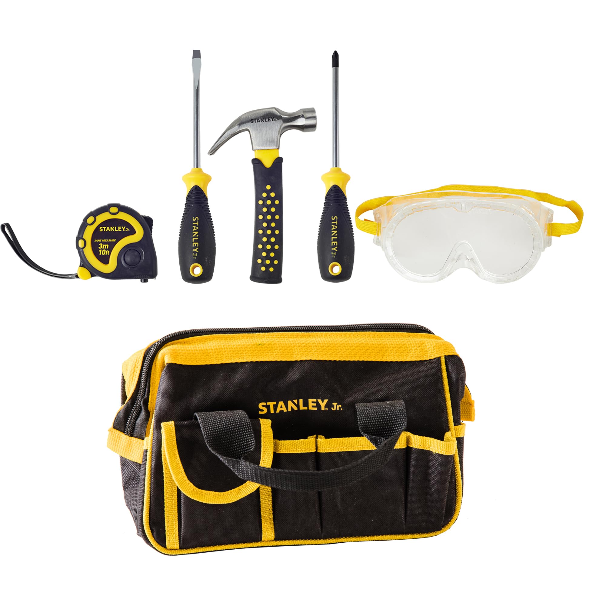 Stanley Jr. Toolbag and 5 Piece Tool Set, Pretend Play, Age 3+, Includes Safety Goggles, Tape Measure, Hammer, Screwdrivers