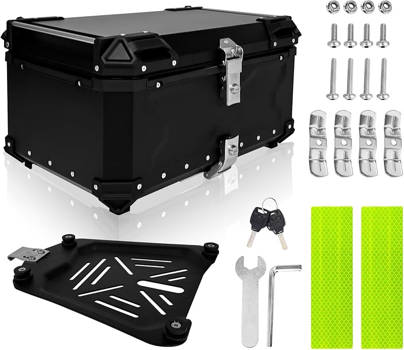 Baúl superior para motocicleta Caja trasera para motocicleta de aleación de aluminio de 65 L Caja superior para motocicleta desmontable impermeable con forro de cuero y cerradura de seguridad Adecuado para guardar cascos y equipaje