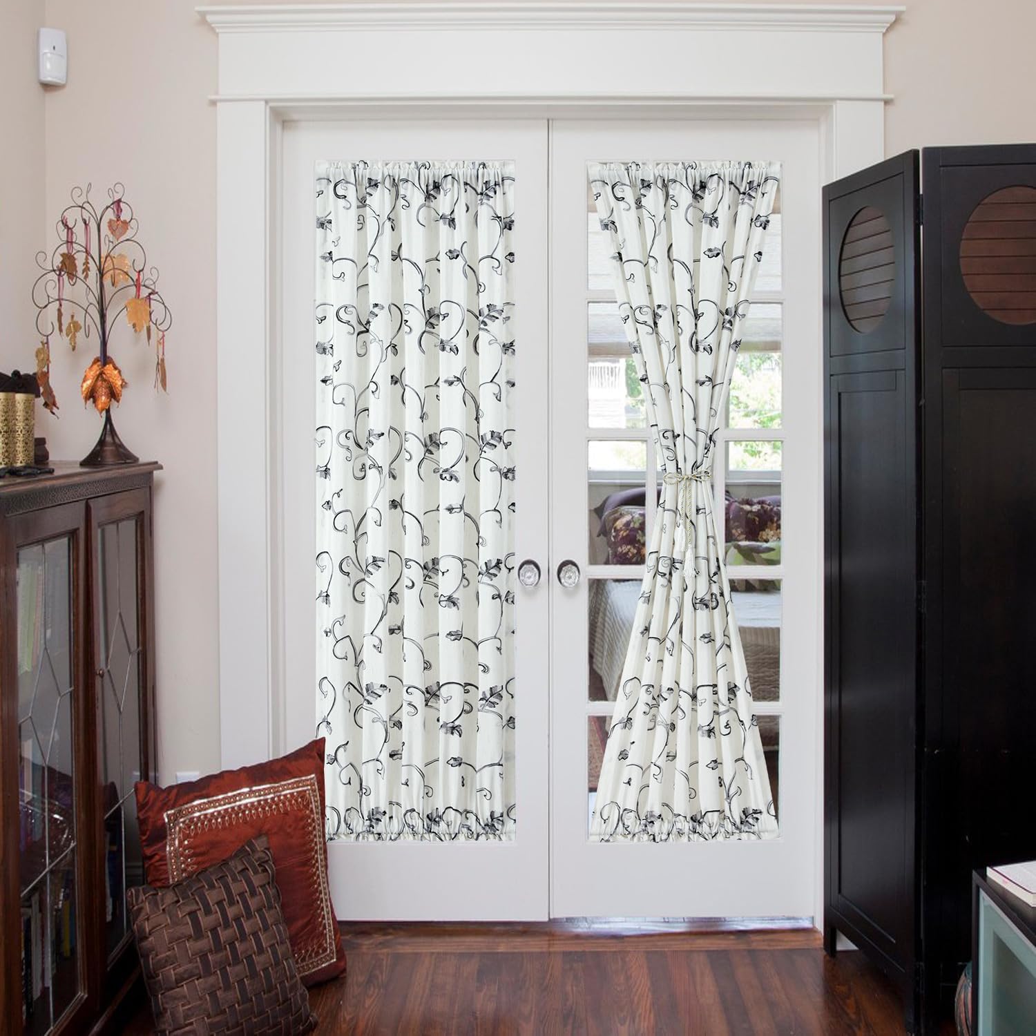 VOGOL Faux Linen Curtains for Sidelight Door, Green Vines Pattern Privacy Decorative French Door Panels for Cafe Hotel Farmhouse, 36 x 72 Inches, 1 Piece