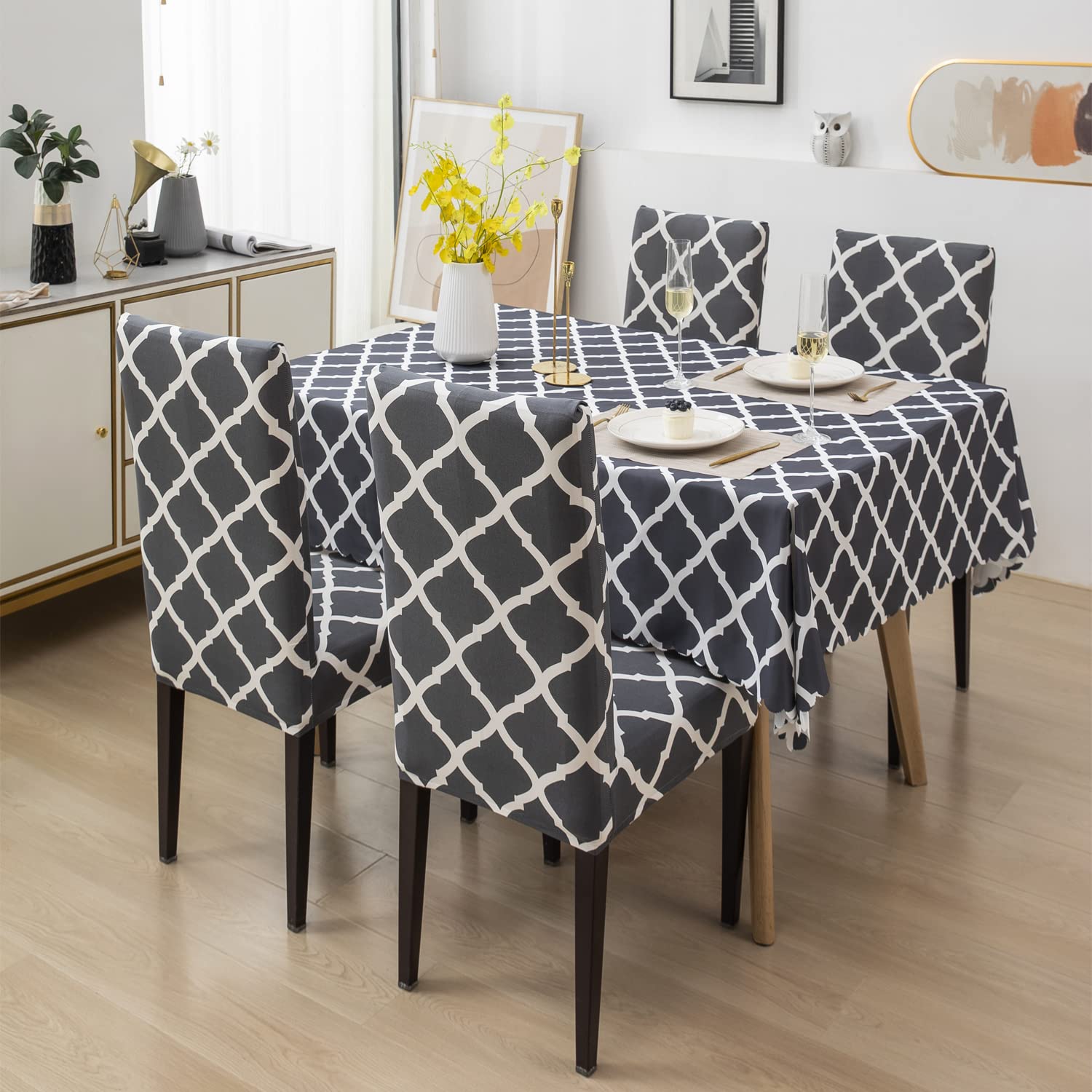 House of Quirk Polyvinyl Chloride (Pvc) Dining Chair Cover With Table Covers For Kitchen Waterproof Dining Rectangular Table Cloth (Grey Diamond, 1 Table Cover + 6 Chair Cover)