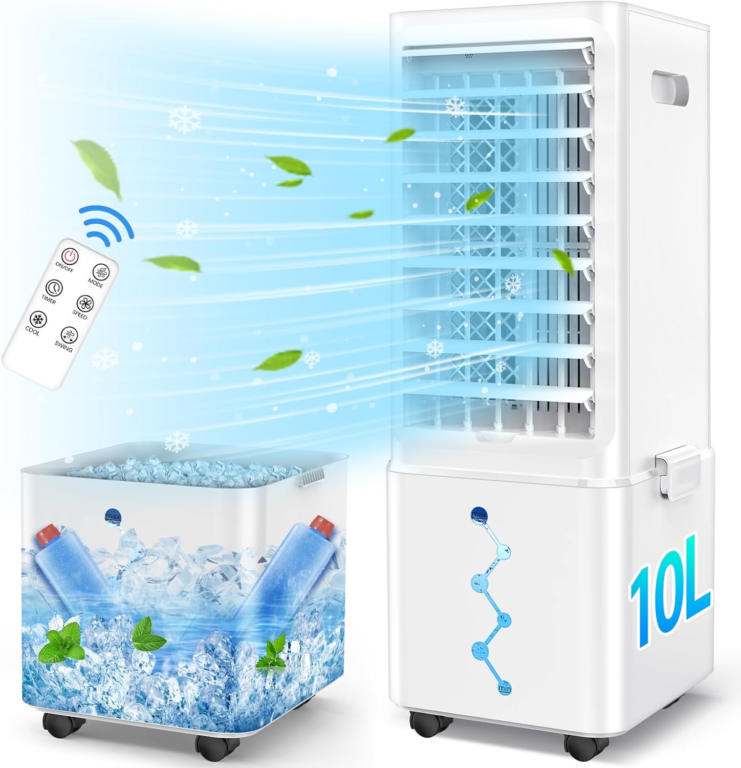 Raofuo Evaporative Air Cooler, 65W Mobile Air Conditioner 60° Oscillation 3 Modes/Wind Speeds Removable 10L Tank 12H Timer Low Noise w/Remote Control 2 Ice Box Cooling Fan for Home, Bedroom, Office Raofuo Evaporative Air Cooler, 65W Mobile Air Conditioner 60° Oscillation 3 Modes/Wind Speeds Removable 10L Tank 12H Timer Low Noise w/Remote Control 2 Ice Box Cooling Fan for Home, Bedroom, Office