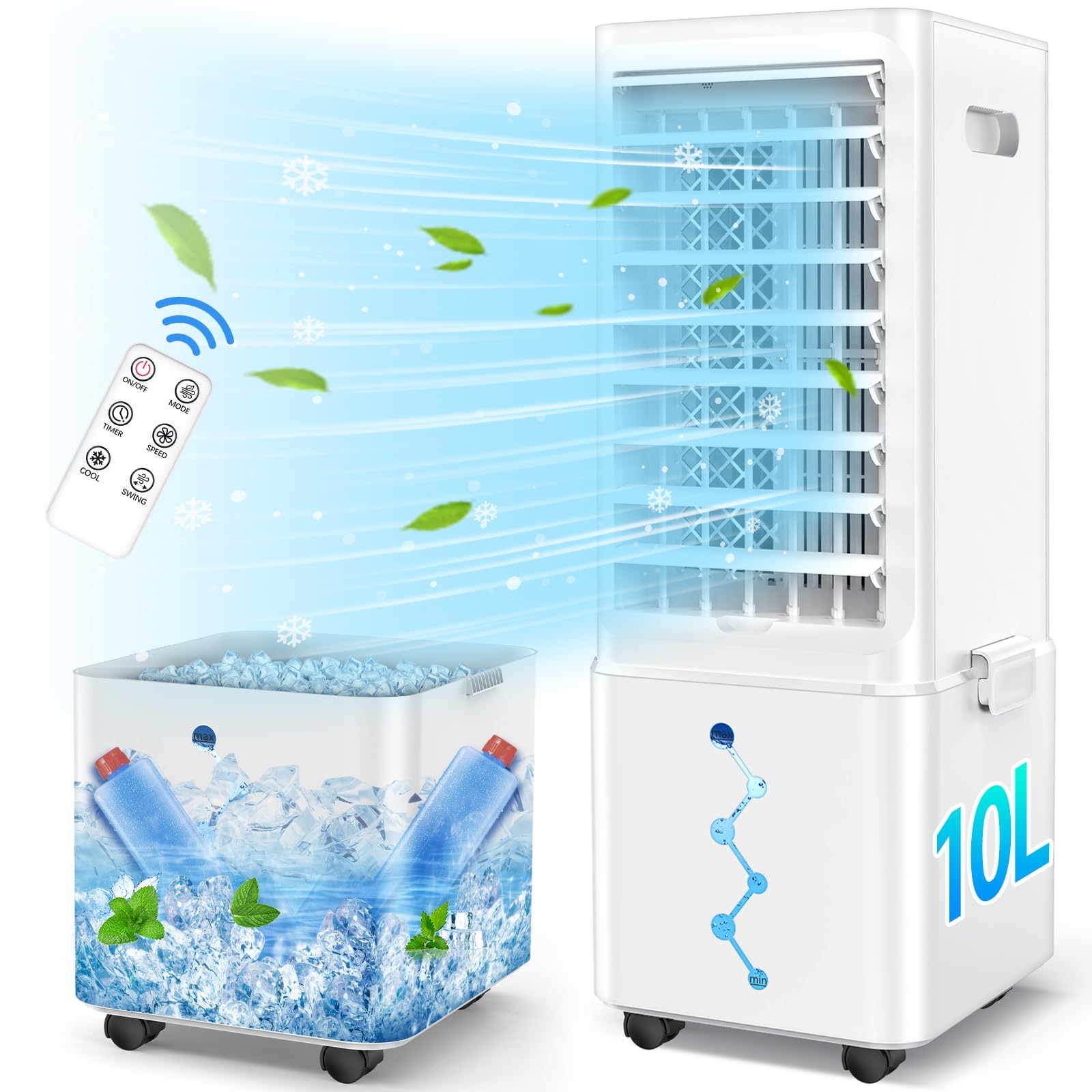 Raofuo Evaporative Air Cooler, 65W Mobile Air Conditioner 60° Oscillation 3 Modes/Wind Speeds Removable 10L Tank 12H Timer Low Noise w/Remote Control 2 Ice Box Cooling Fan for Home, Bedroom, Office