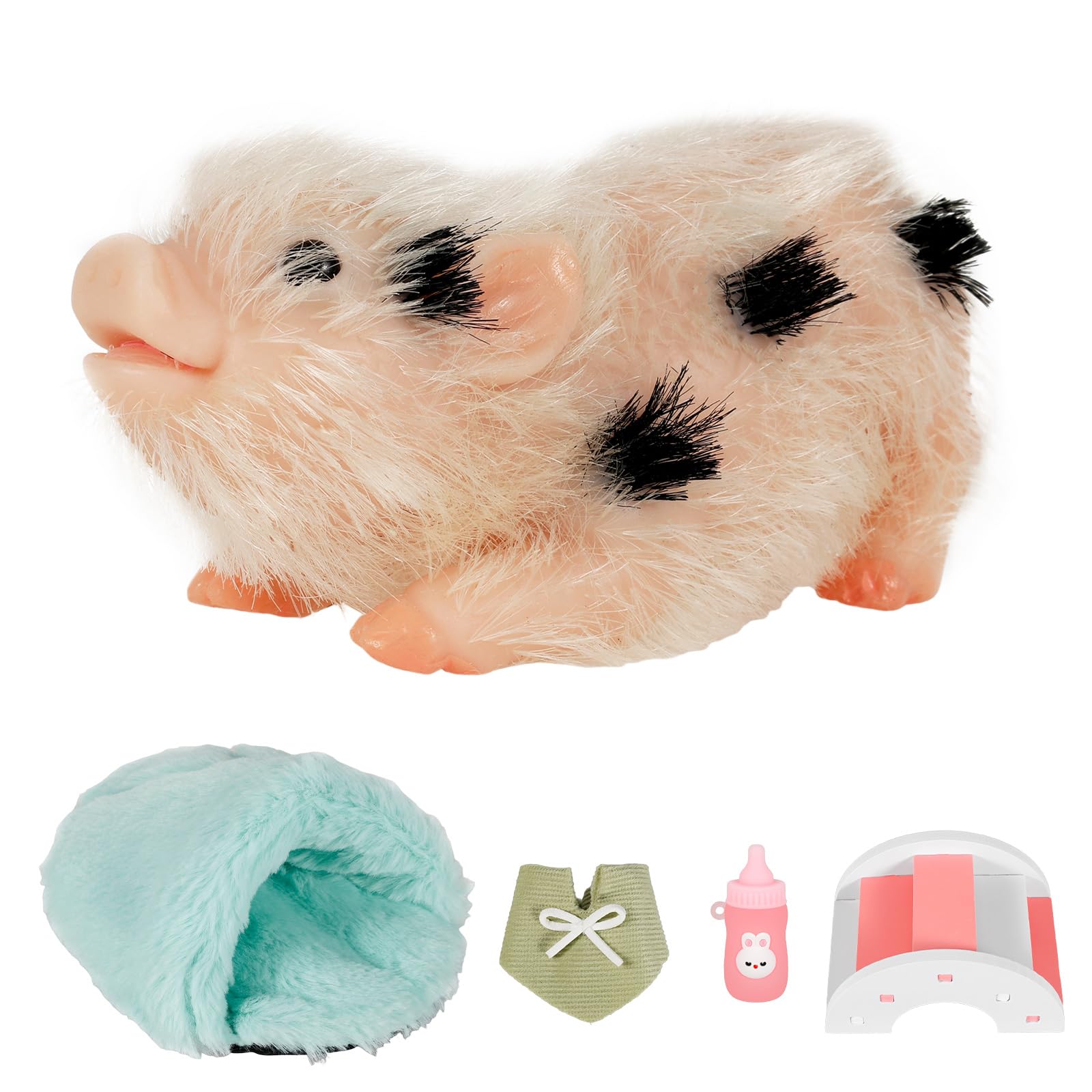 Lifelike Mini Silicone Pig Doll Toy, 5 Inch Mini Soft Reborn Animal Toy with Nursing Bottle and Accessories, Non-Toxic Piggy Doll for Kids Party Decoration(Style 2)