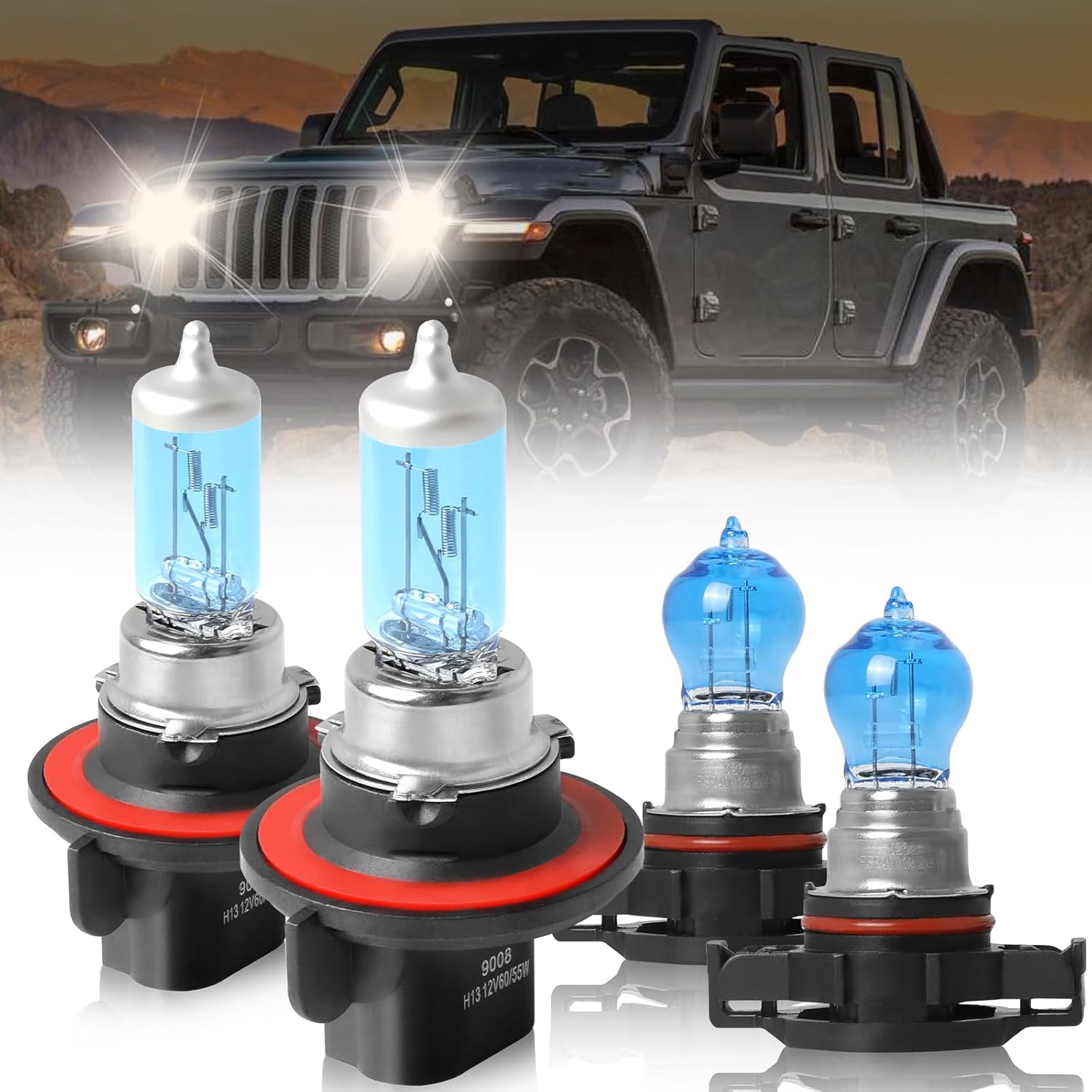 Fit For Jeep Wrangler 2010-2020 High Performance Halogen Headlight Bulbs 9008/H13 High/Low Beam + 5202 Fog Light Car Replacement Bulb Combo, Plug and Play, 4 PCS