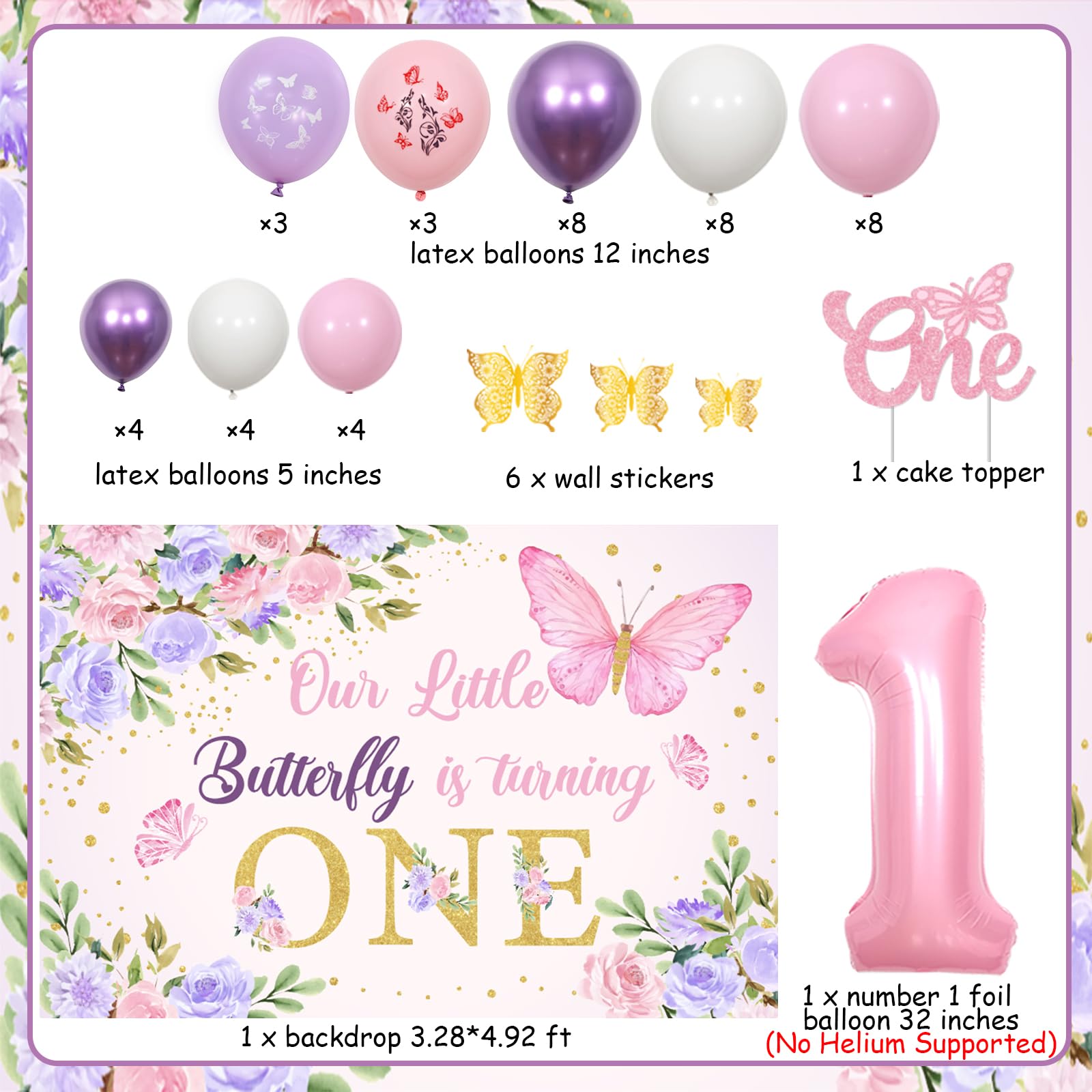 Jollyboom Kit Decorazioni Primo Compleanno Fata - Arco Palloncini Rosa E Viola, Sfondo 1x1,5 M, Farfalle, Numero 1, 63 Palloncini - 3