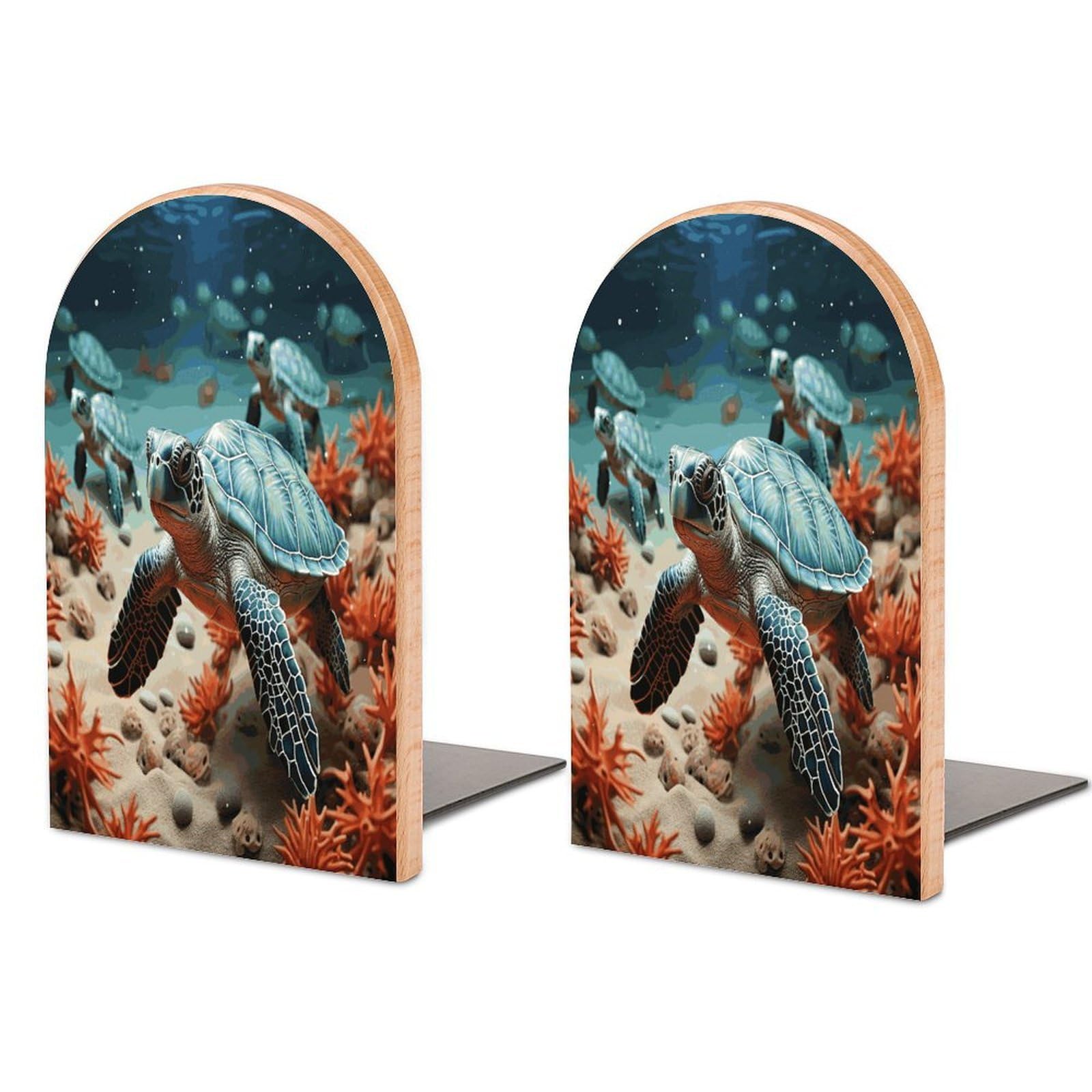 Turtle Starfish Bookend for Shelves Non-Skid Book Holder Modern Heavy Duty Bookend Stopper Metal Base Wood Book End Books Shelf Holder Home Decorative 1pair 5x3.9x3.1