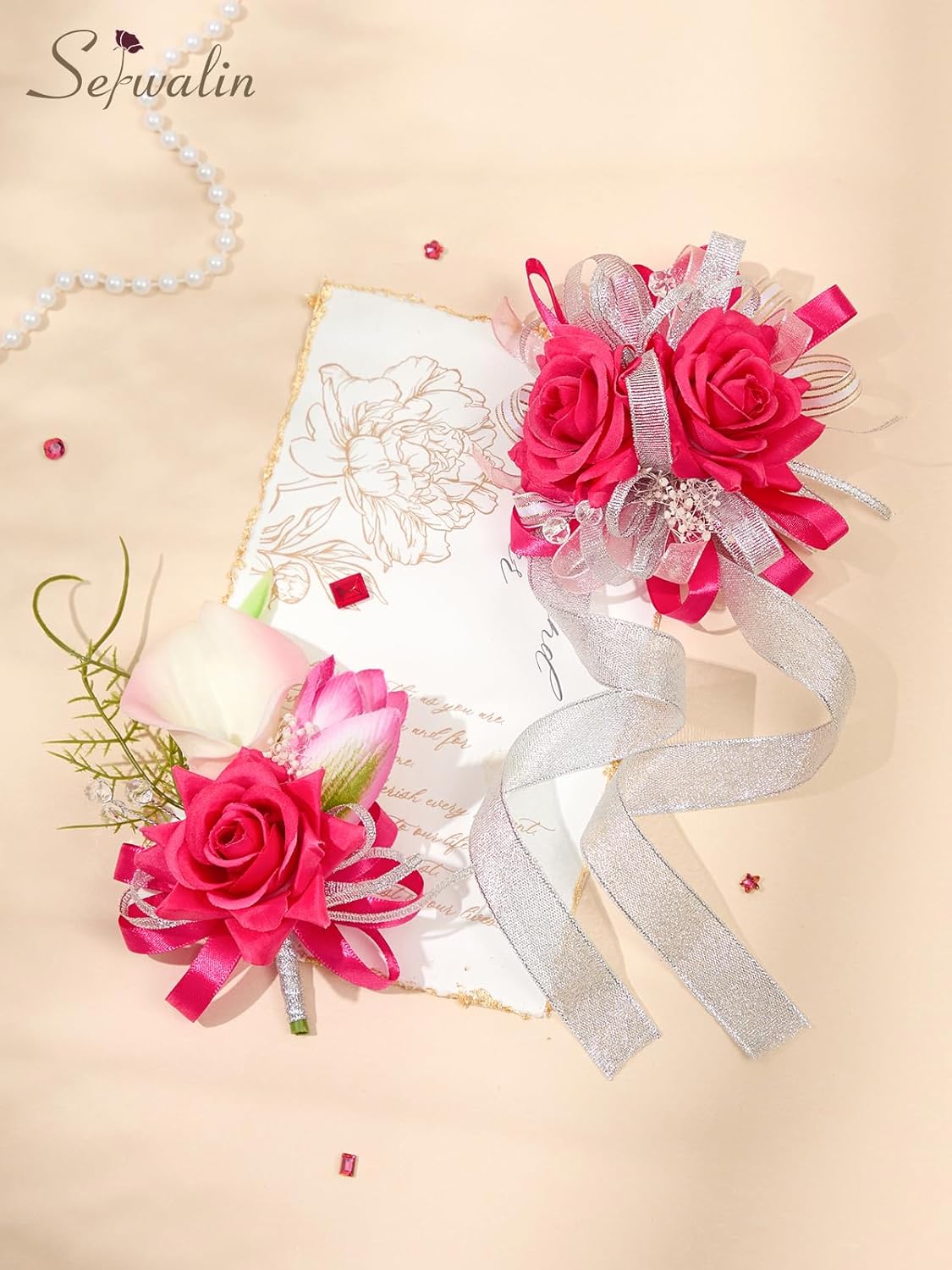 Serwalin Hot Pink Prom Corsage and Boutonniere Set, Artificial Calla Lily & Rose Wrist Corsage Wristlet for Homecoming, Formal Dance, Wedding Flowers Accessories Party Suit Decorations