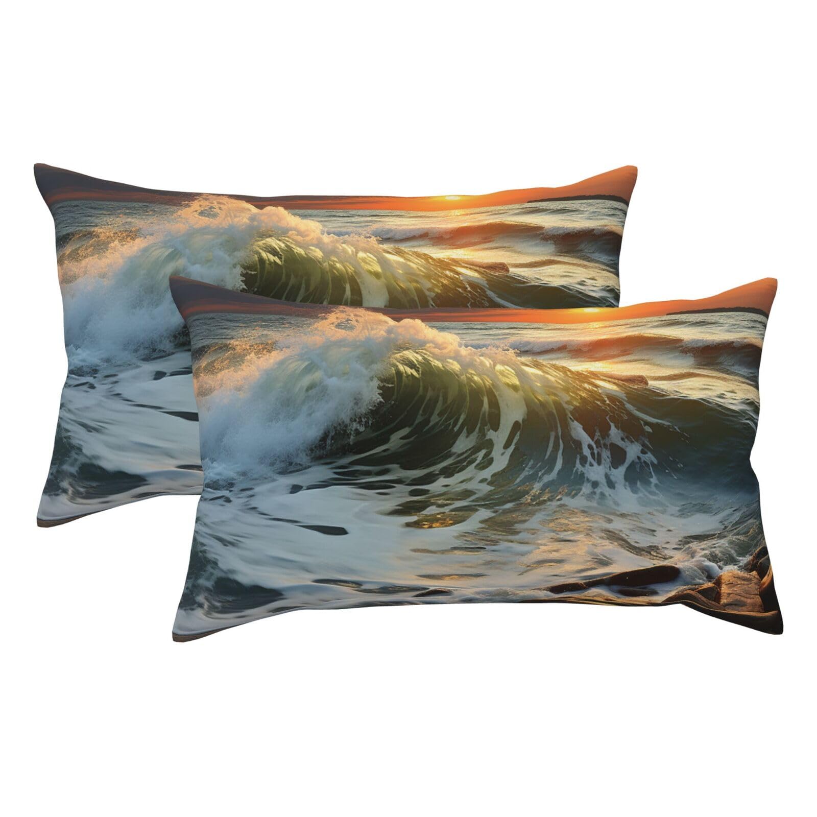 2 Pack King Pillow Cases with Hidden Zipper, Soft Breathable Pillow Covers for Hair and Skin, Rocky Wave Sunset Painting Pillowcases 20"x36" Bed Pillow Protectors Cover for Sleeping Gifts
