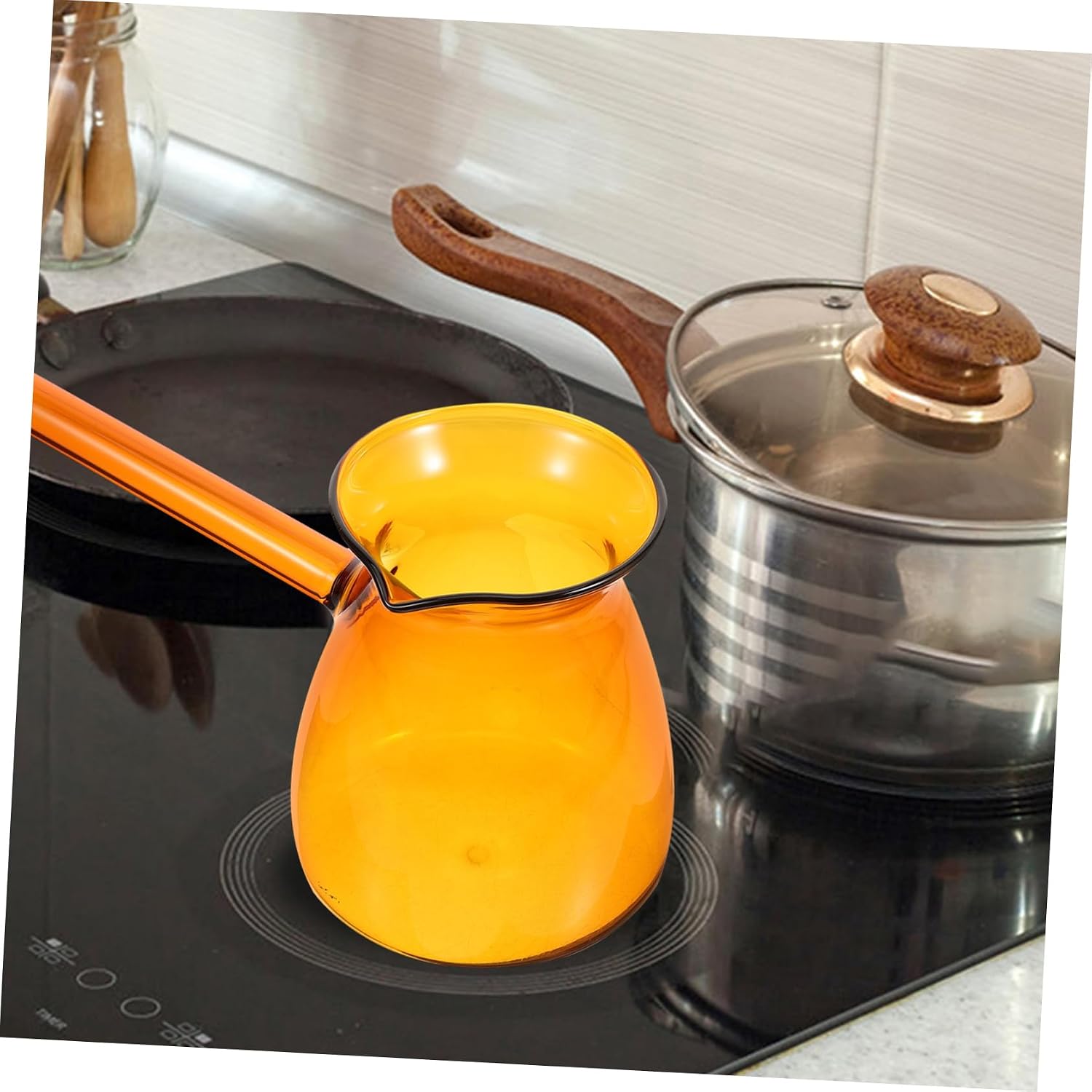 GLEAVI Turkish Glass Coffee Pot Borosilicate Milk Warmer with Heat Resistant Side Handle Multipurpose Carafe for Brewing Coffee Latte Art and Hot Liquids