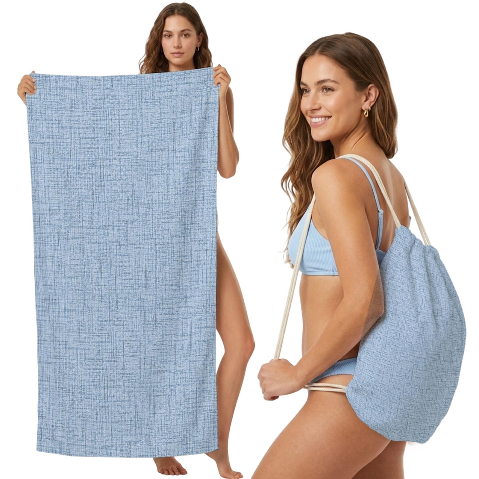 Beach Towel Bag 2 in 1 Misty Blue Linen Texture Bath Pool Towels Backpack Grain Solid Color Absorbent Beach Towel Soft Quick Dry Lightweight Packable Towels Drawstring Bag for Travel Sports Yoga