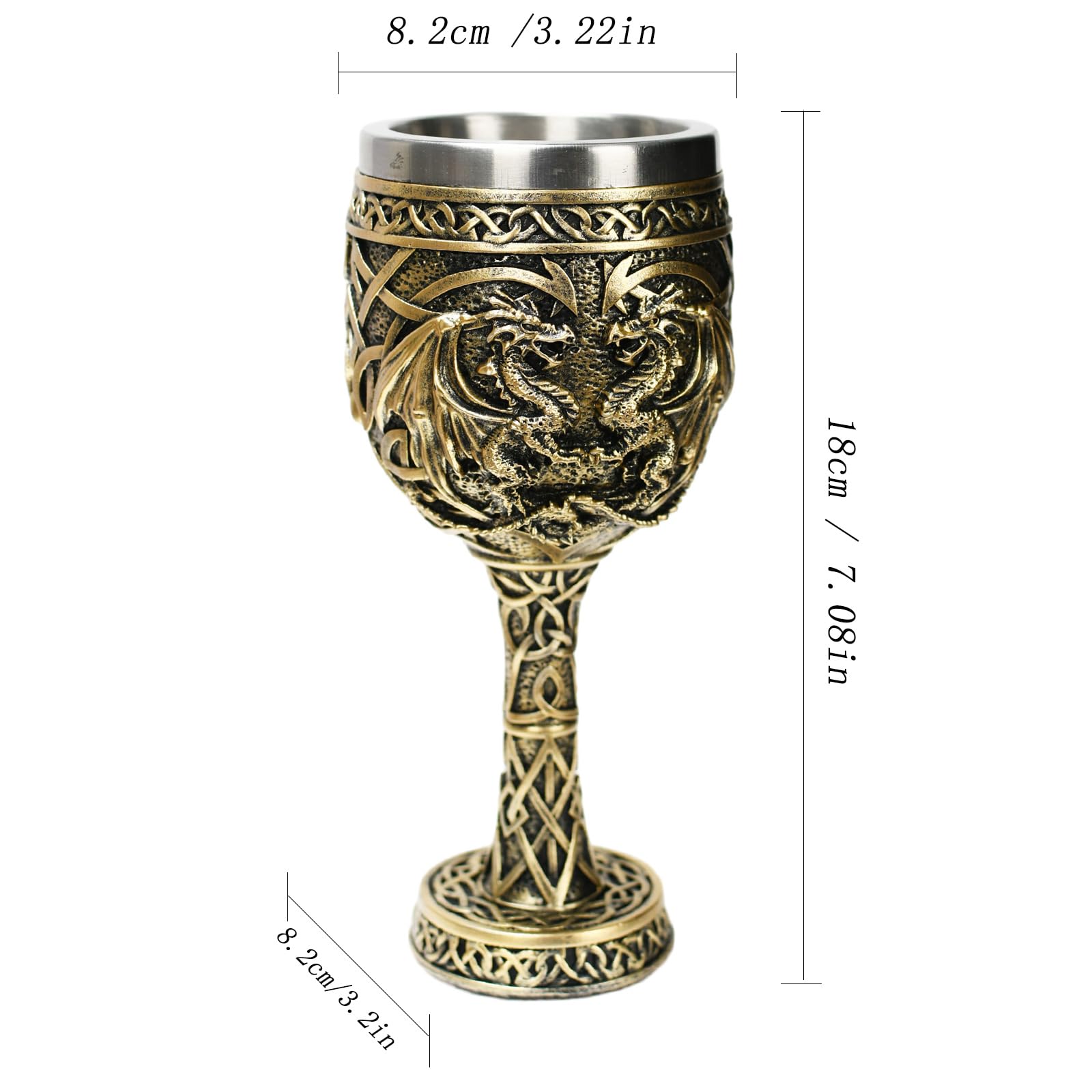 KalyZ@rts Bronze Dragon Goblet with Stainless Steel Cup, Dragon Wine Medieval Dungeons and Dragons Chalice, Dragon Gift Collectible - 7oz (Gold Dragon Cup)