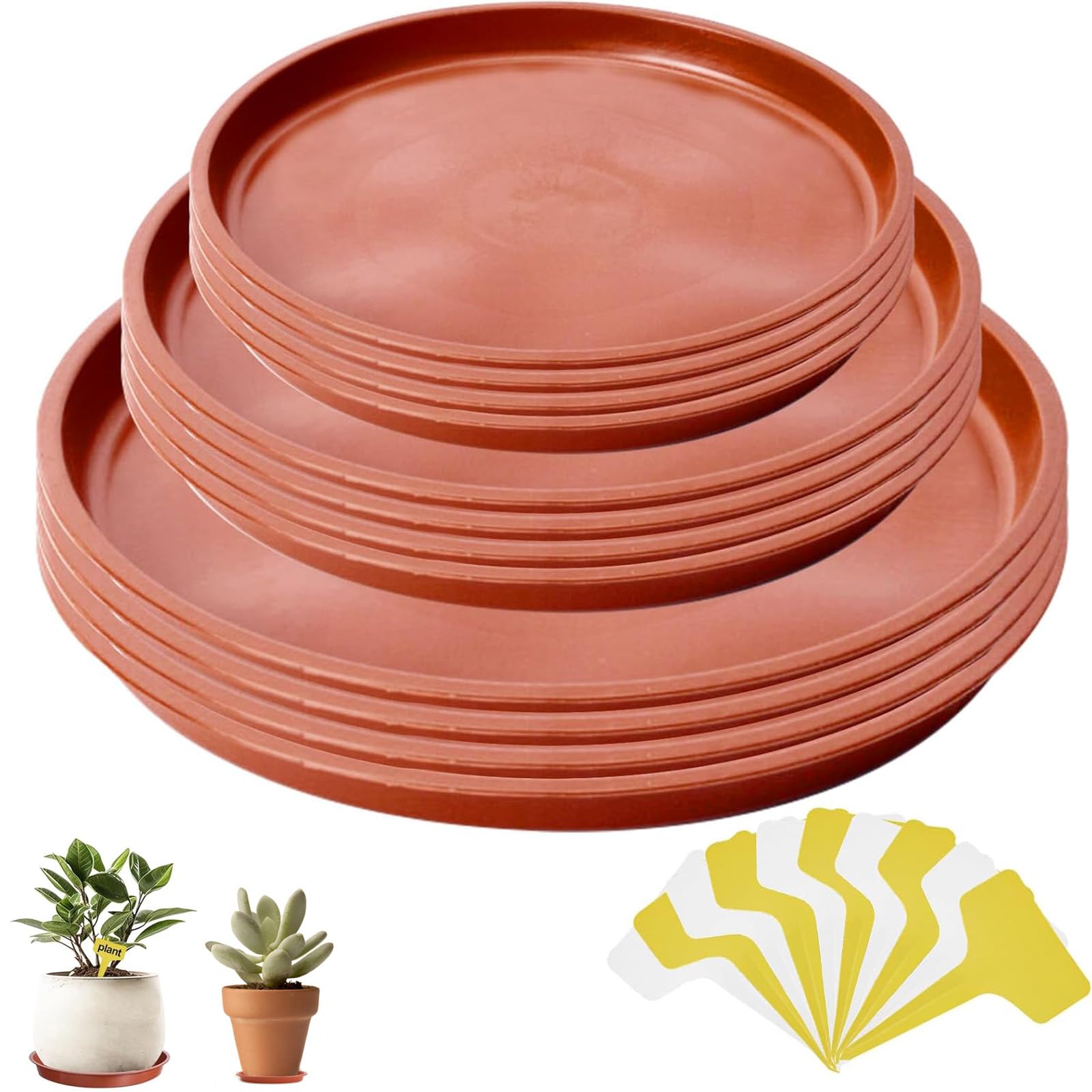 Novastream 12 Pack Plant Pot Saucers, Durable Plastic Plant Trays for Pots, Plant Pot Trays in 3 Sizes, Waterproof Plant Saucer Set with 20 Plant Labels - Ideal for Garden, Balcony & Home