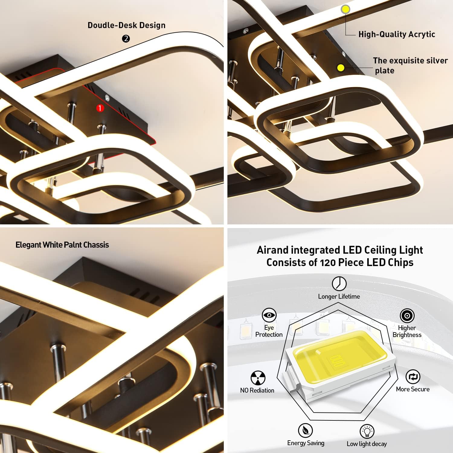 Dimmable Modern LED Ceiling Light, 6 Rings Square Ceiling Lamps with Remote Control, 3-Color Semi Flush Mount Light Fixtures, 3000K-6500K for Living Room Dining Room Bedroom Lighting 101W