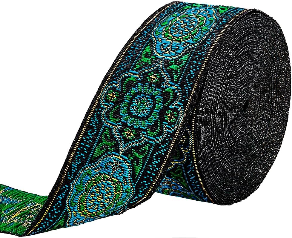 FINGERINSPIRE 7m Green Vintage Jacquard Ribbon 33mm Wide Emobridered Woven Ribbon Fabric Trim Fringe for DIY Clothing Accessories Embellishment St Patrick's Day Spring Decorations