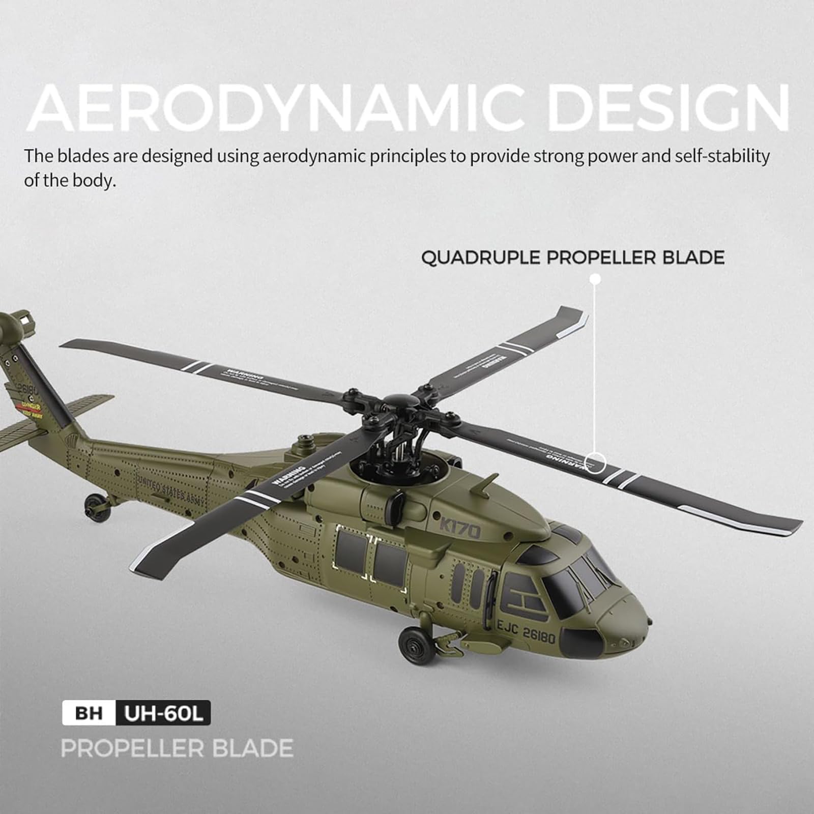 Generico Elicottero radiocomandato WL K170, 4 canali 2.4G Flybarless UH-60L RC Aereo Militare con Volo stazionario in Quota, Motore brushless per Adulti, Aereo RC giroscopico a 6 Assi