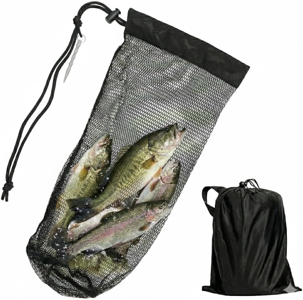 32" Collapsible Fishing Keep Net with Ground Spike, Portable Mesh Bag for Caught Fish, Heavy Duty Basket & Bait Holder, Red de Pesca for Kayak or Ice Fishing Livewell, Small Lobster Catching Net