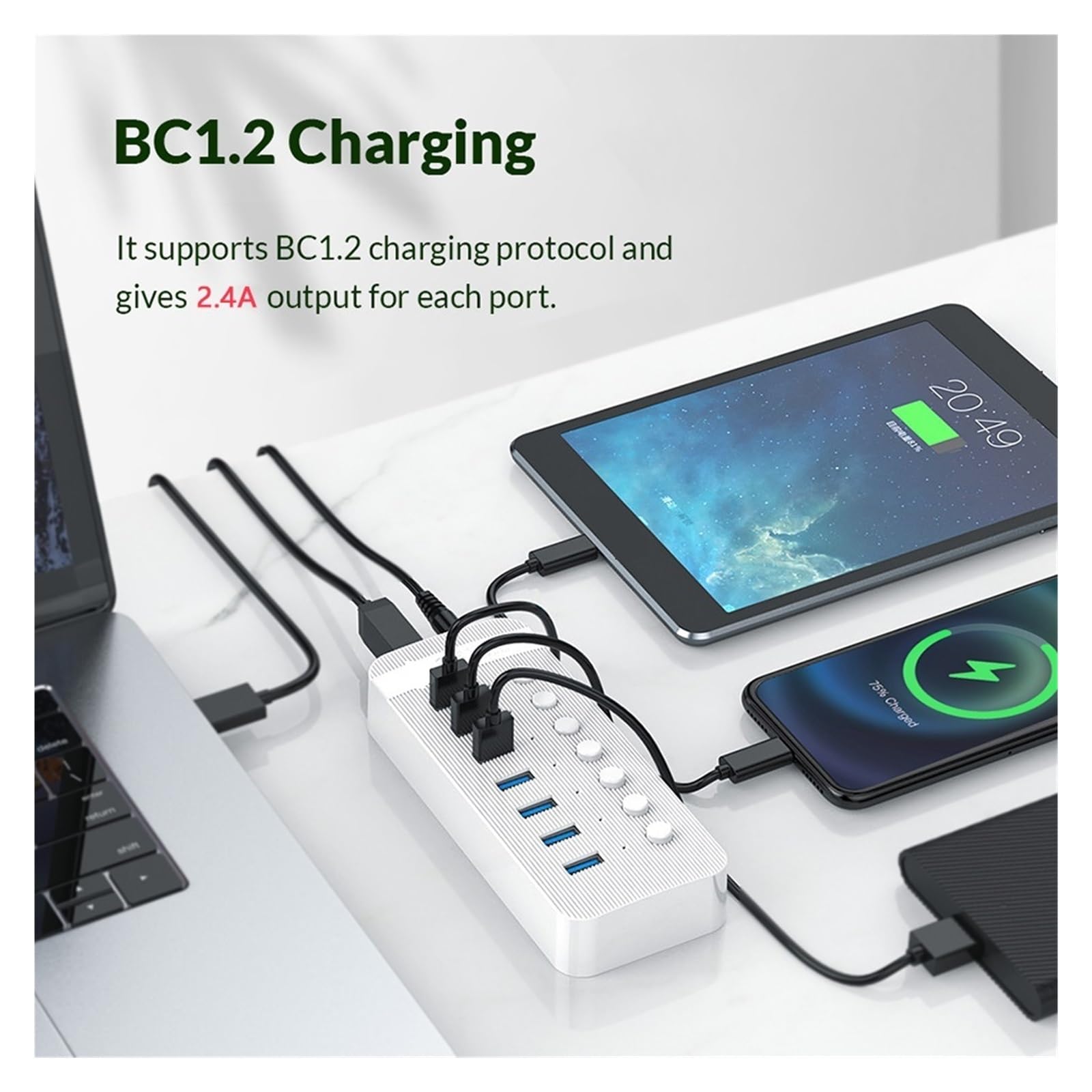 Wieloportowy Rozdzielacz Koncentratora Zasilany Przez USB Włącznik/wyłącznik Stacja Dokująca Kilka Gniazd 3.0 Ładowarka Wiele Adapterów Listwy Zasilającej(White 10 USB)