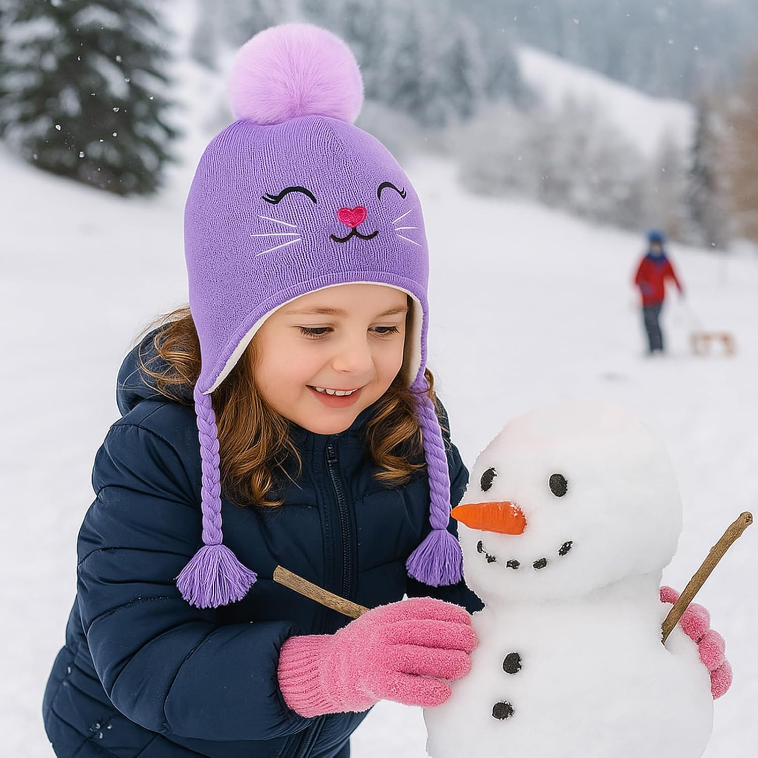 Toddler Girls Cat Ear Winter Hat Warm Knit Beanie Kids Earflap Cap for Cold Weather - Image 5