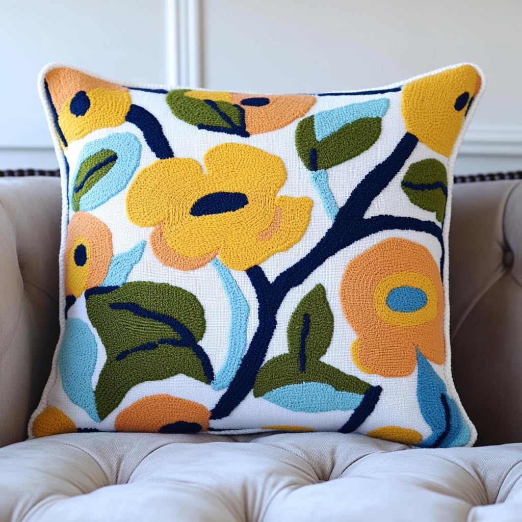 DIY Punch Needle Pillow Kit Yellow Rose Flowers with Pattern and Hoop Handmade Embroidery Punch Needle Starter Pillowcase Set for Home Sofa Decor 43x43cm-1-4