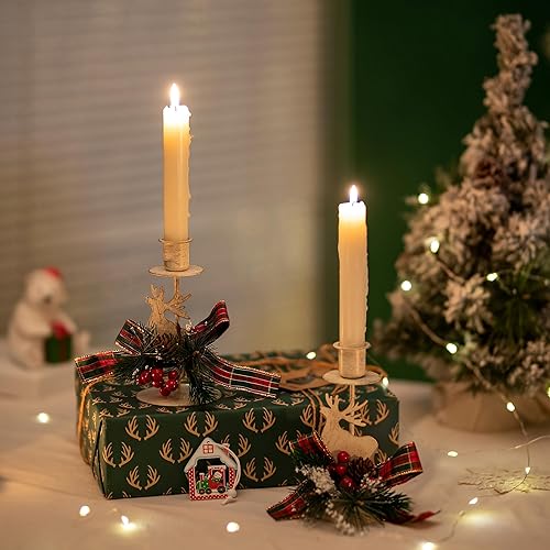 Miniatura 9 de Romadedi Portavelas de decoración navideña candelabro de reno dorado, decoración de bayas rojas para centro de mesa cónica, adornos festivos, mantel